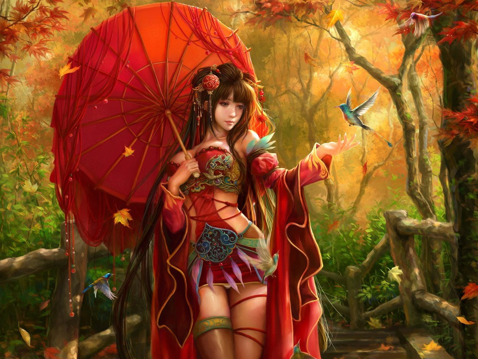 woman holding red umbrella wallpaper, autumn, leaves, girl, decoration