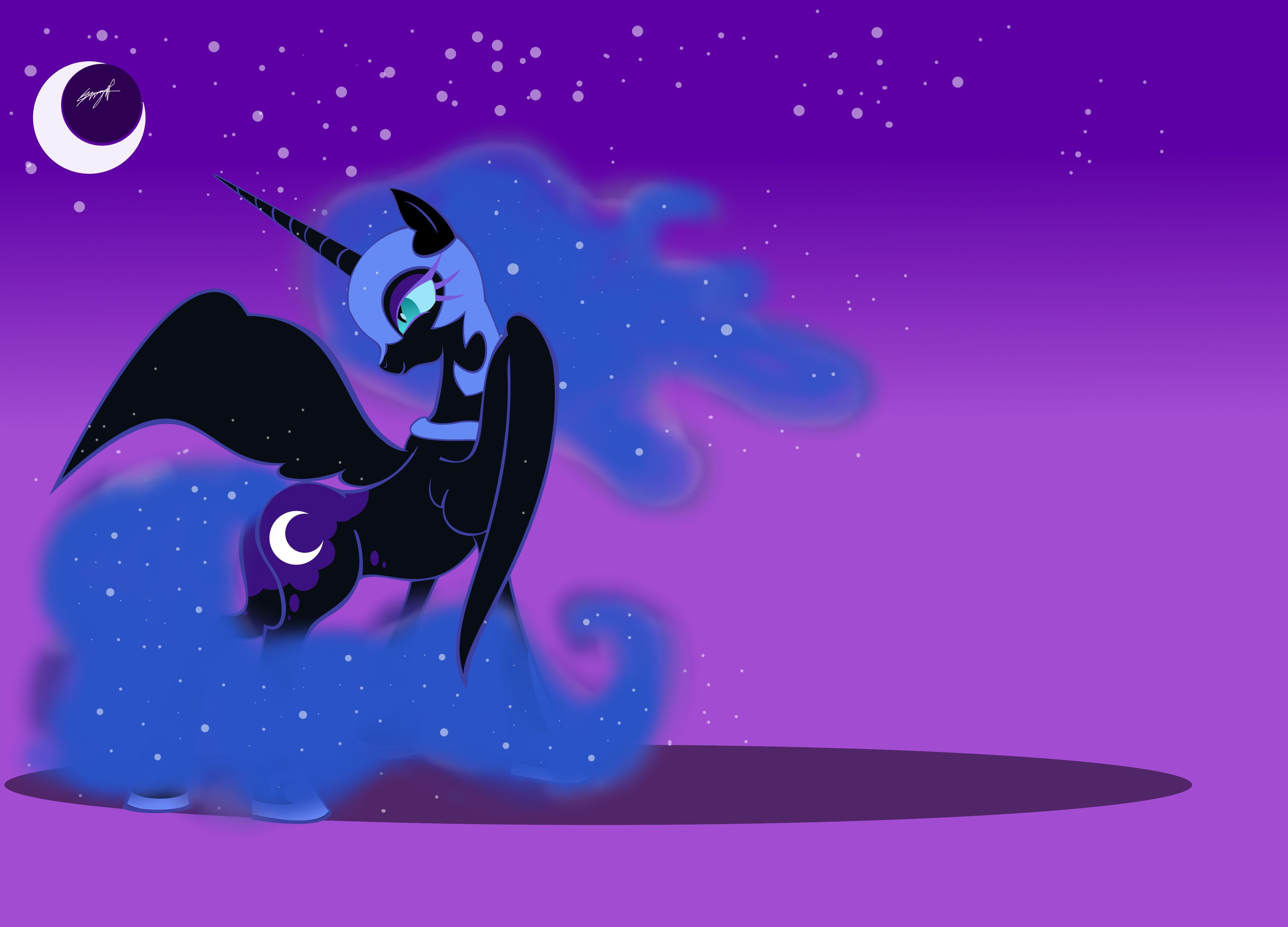 Nightmare Moon, black and gray pony illustration, crescent-moon