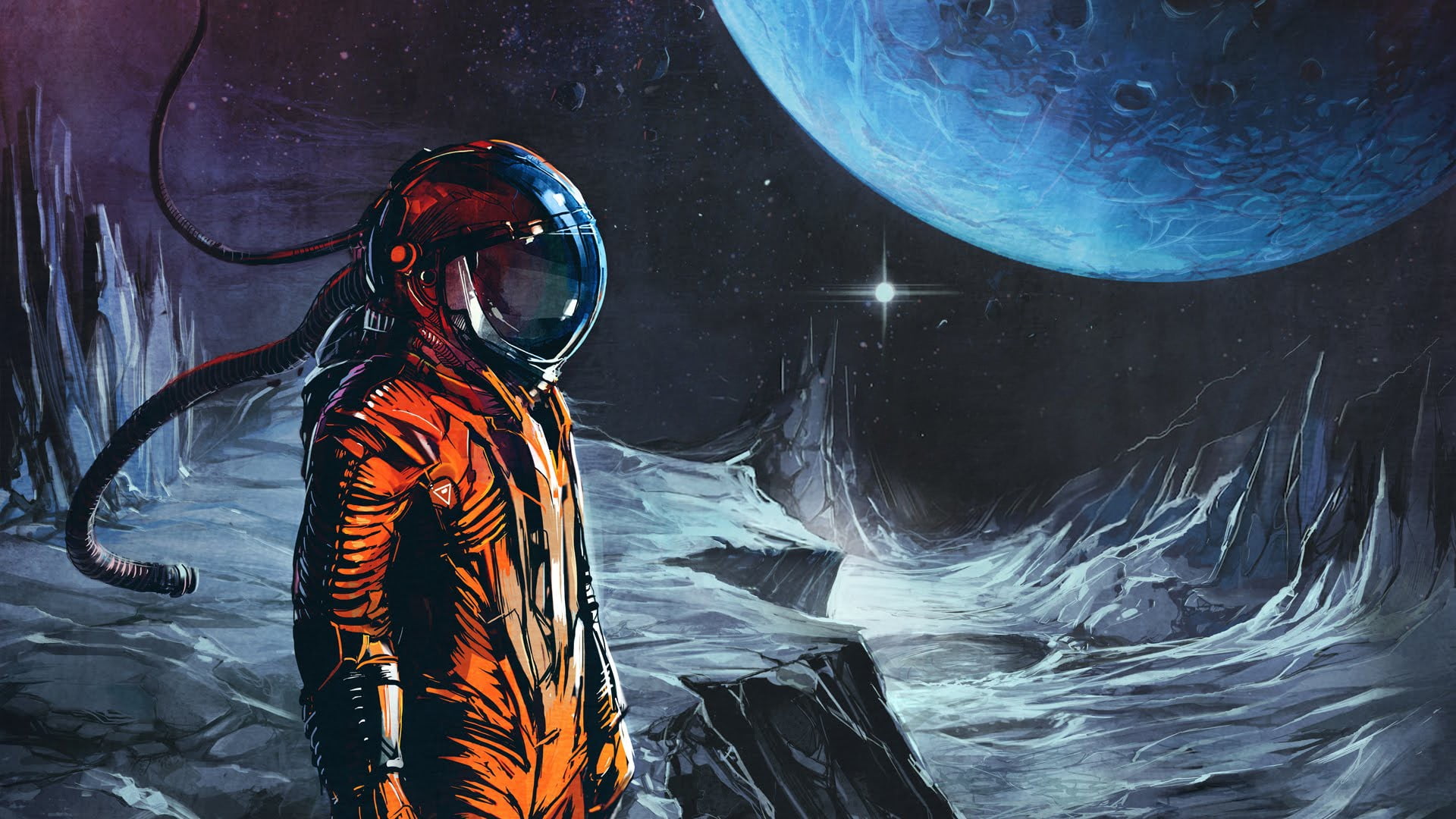 man in orange astronaut suit with moon wallpaper, man with helmet on moon painting