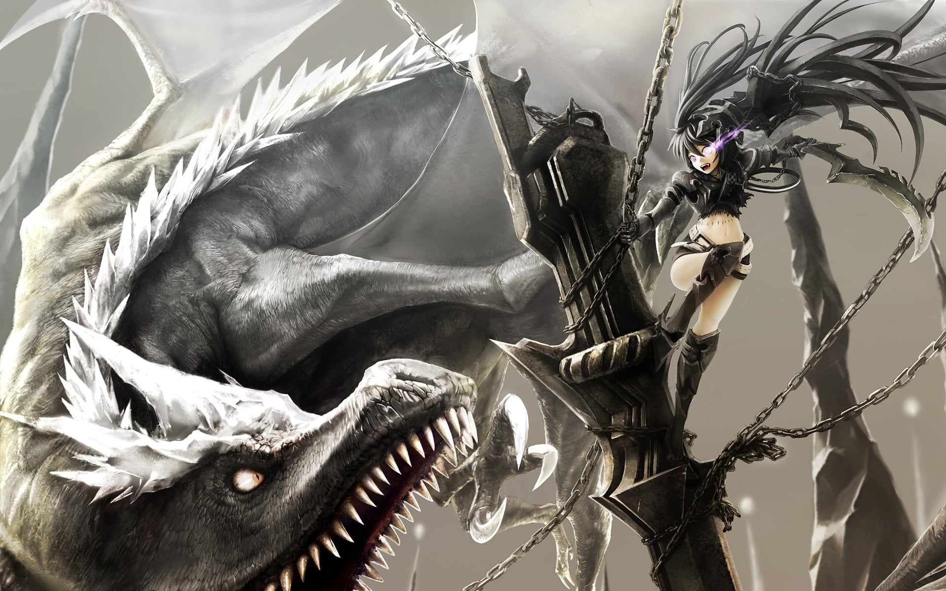 female anime character and gray dragon wallpaper, Black Rock Shooter