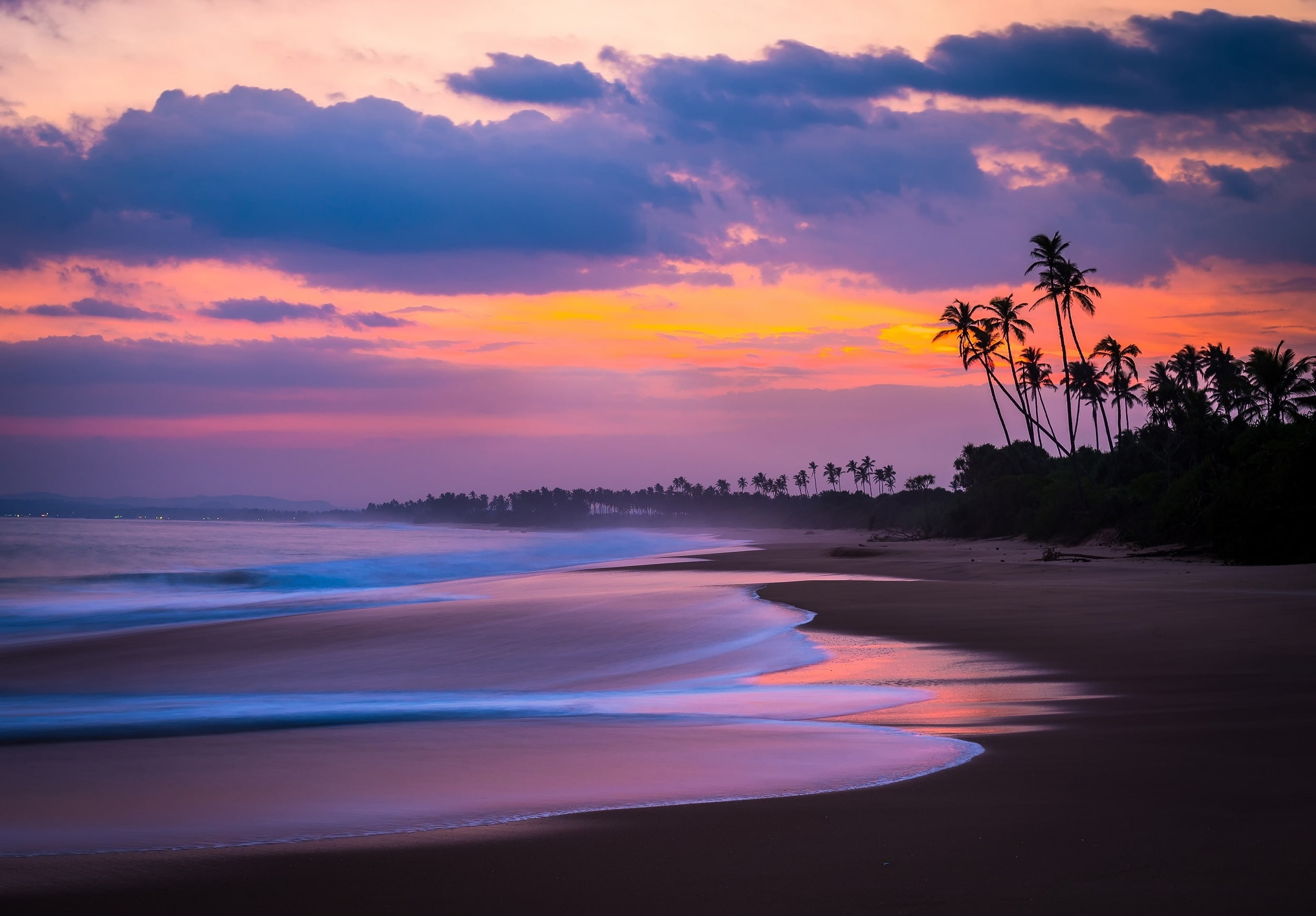 beach, sunset, waves, clouds, sky, palms, ocean, Landscape