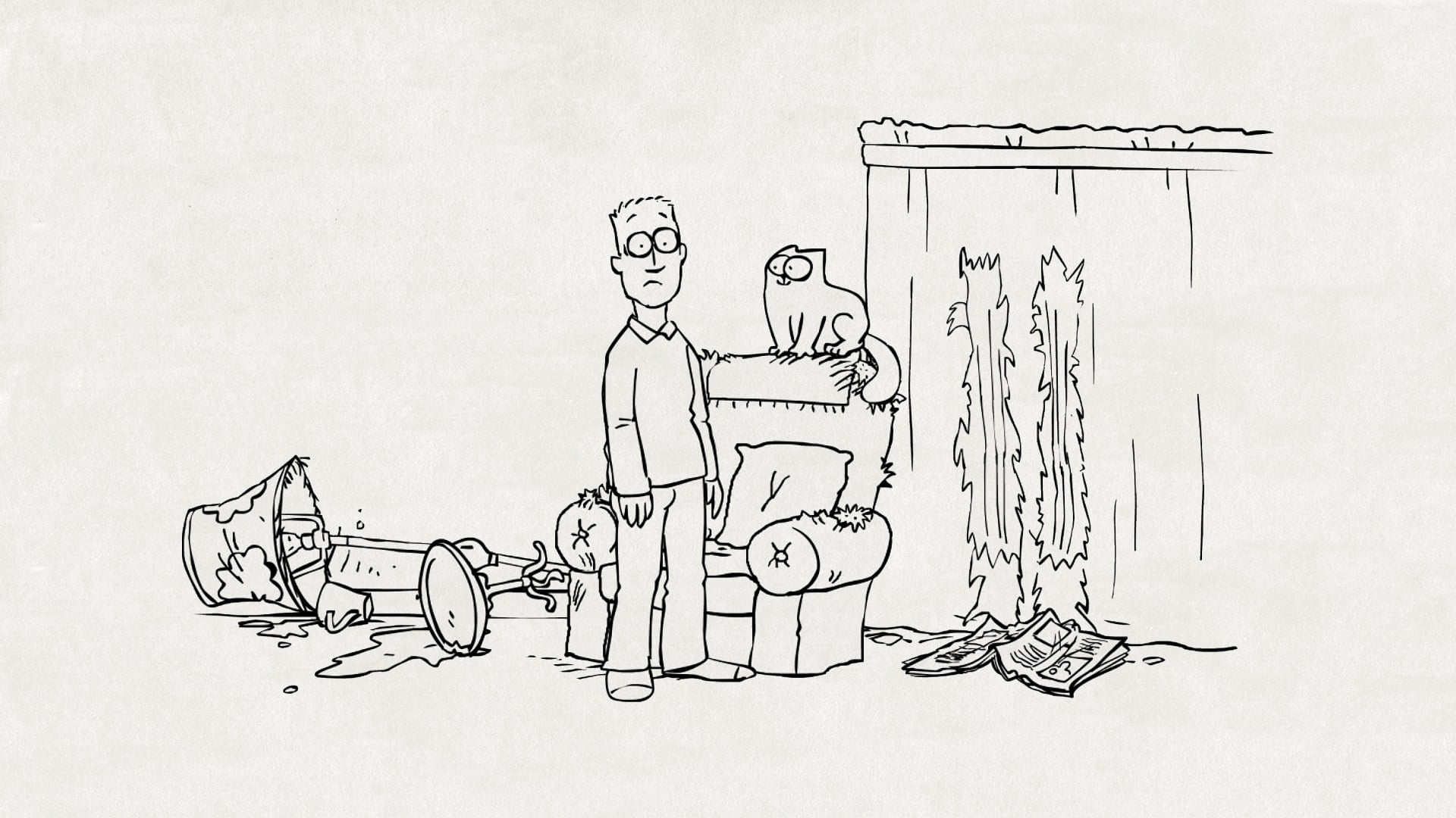 man illustration, cat, mess, figure, lamp, chair, curtains, Kote