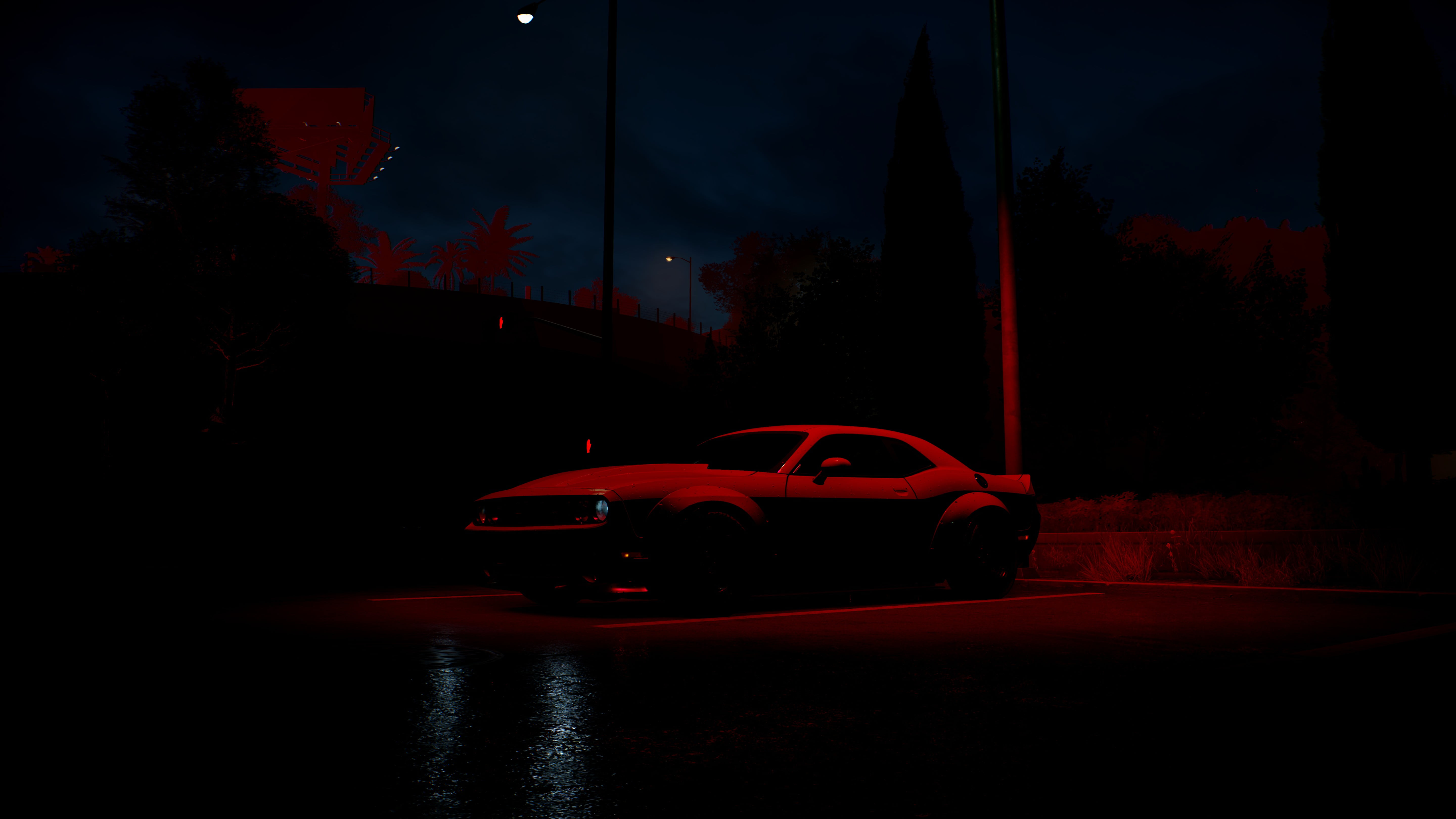 white coupe, Need for Speed, red, Dodge Challenger, night, spotlights