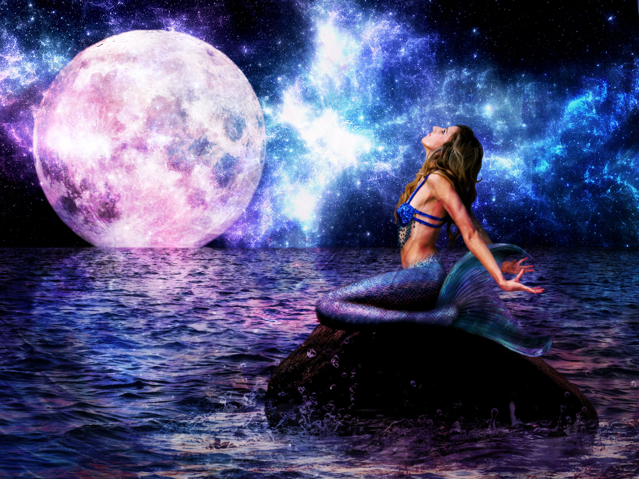 mermaid on stone under moon digital wallpaper, sea, wave, look
