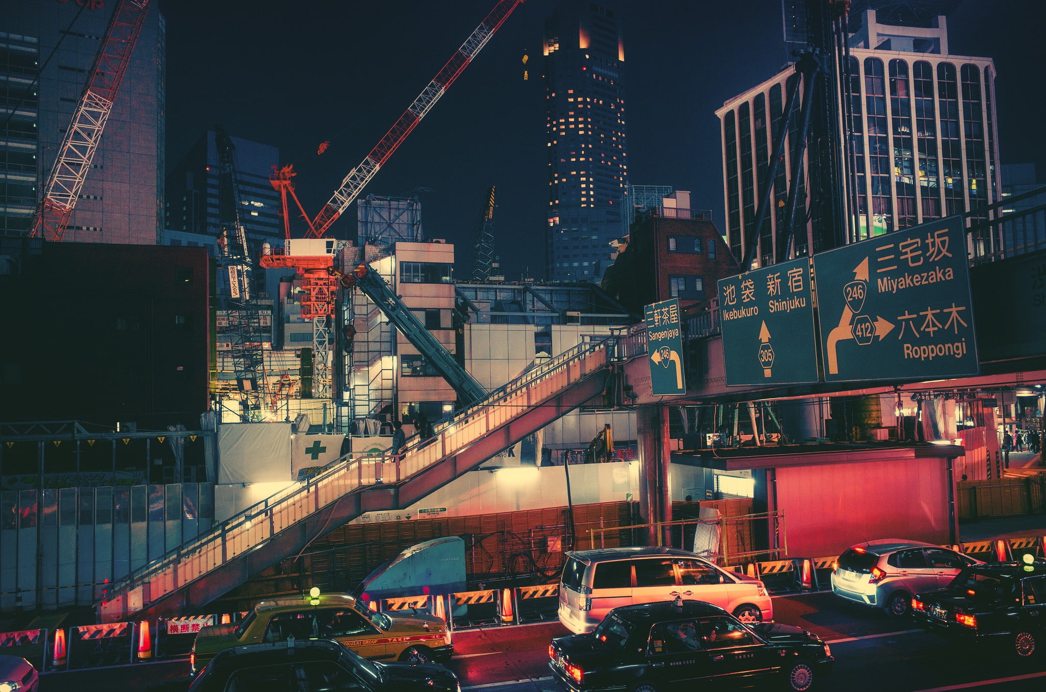 highway, Japan, cranes (machine), town, night, city