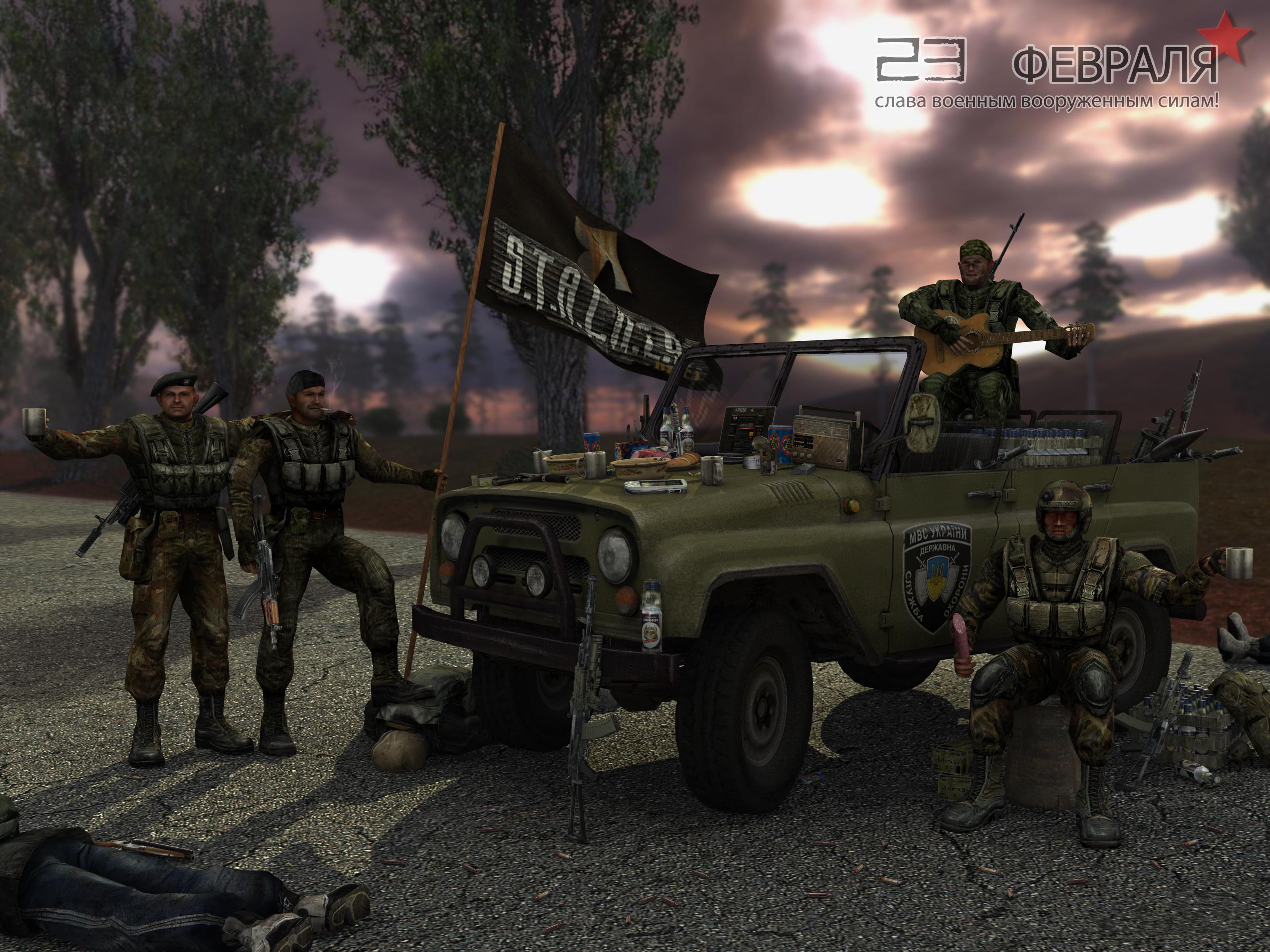 soldiers beside gray pickup truck character digital wallpaper