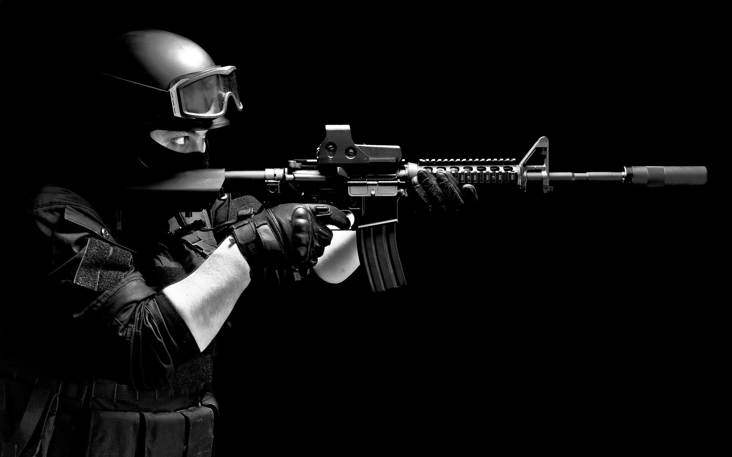 black rifle, M4, SWAT, soldier, M4A4, weapon, monochrome, gun