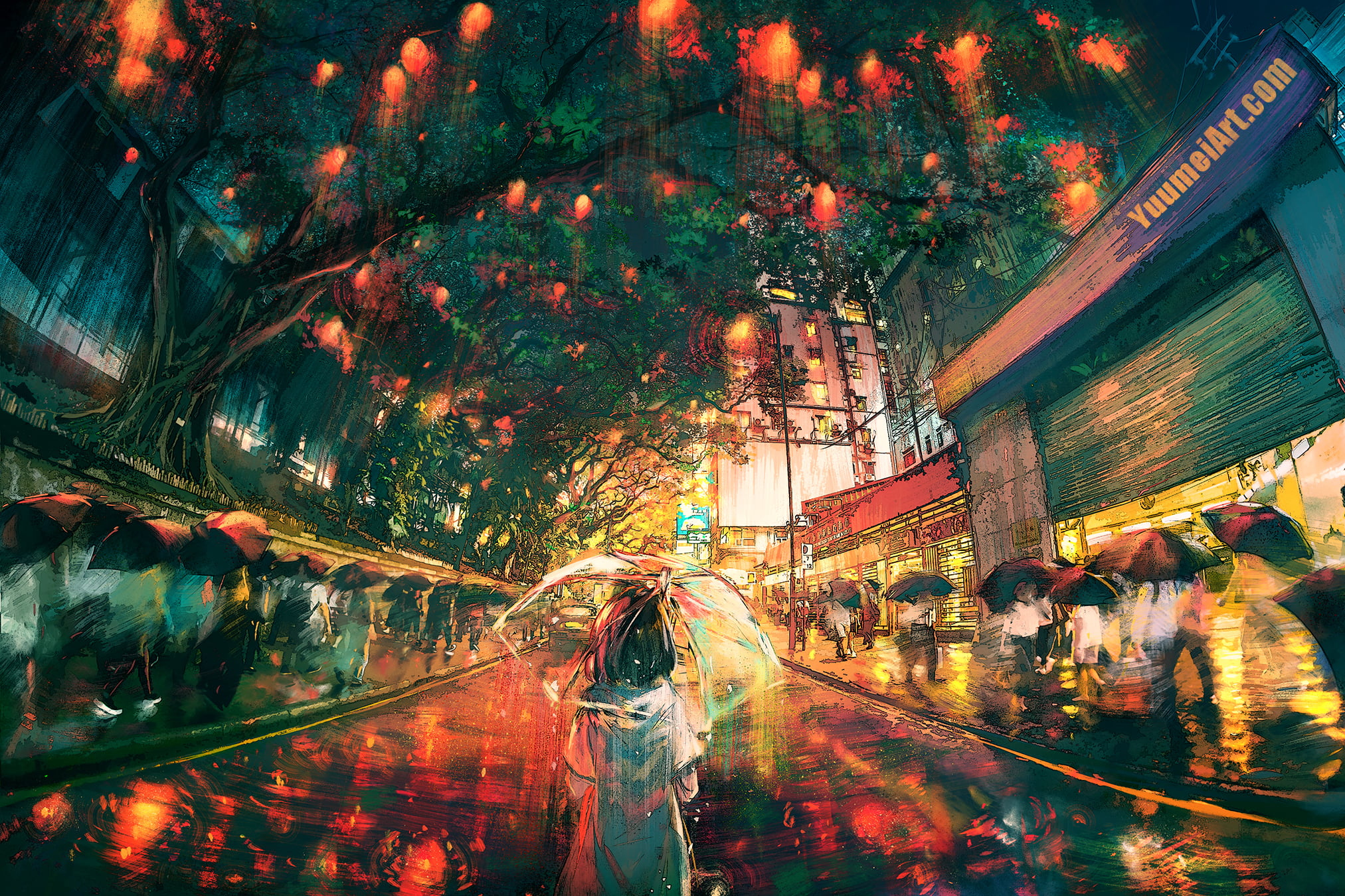 anime girls, art installation, alone, sad, rain, walking, umbrella