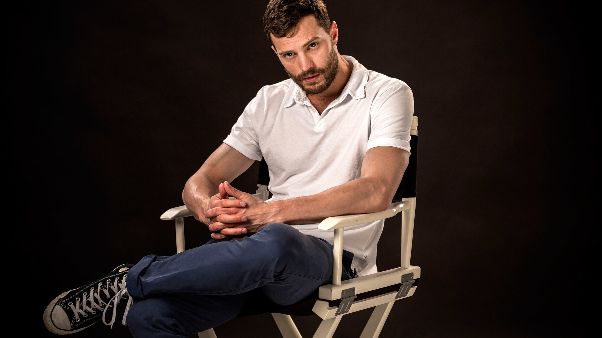 men's white polo shirt, photoshoot, Los Angeles Times, Jamie Dornan