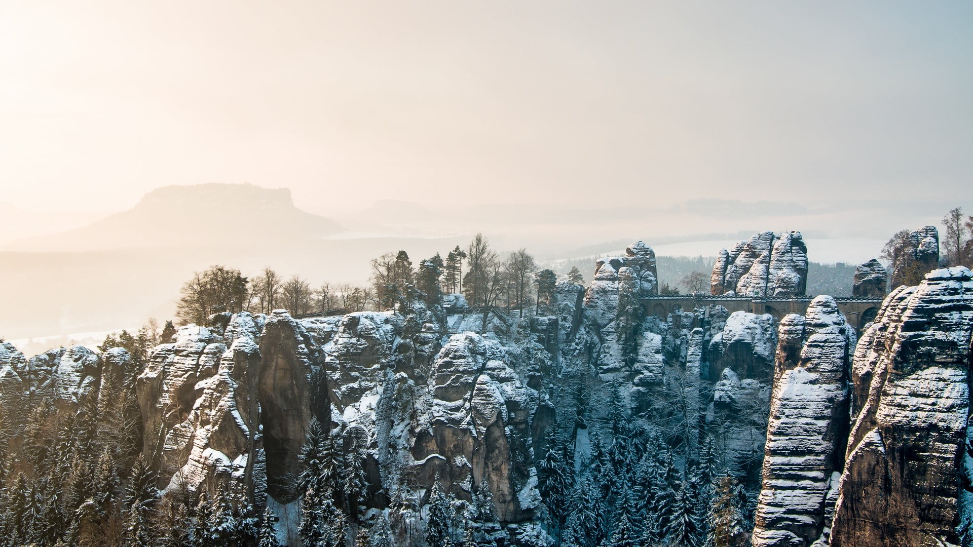 snow-capped mountain, nature, rock, bridge, landscape, winter