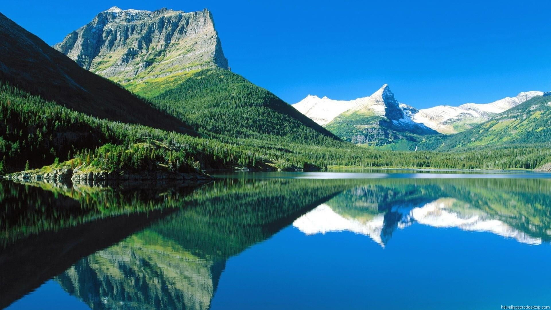 saint mary lake, glacier national park, montana, blue sky, reflected