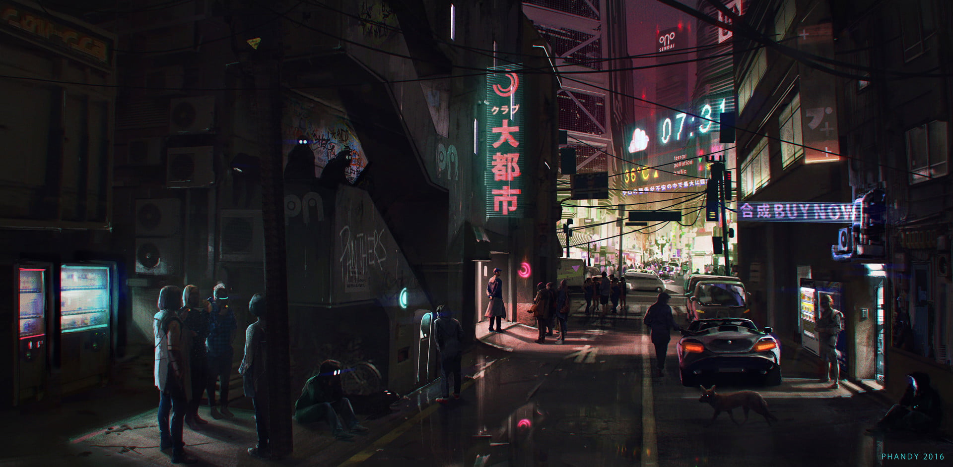 game scene wallpaper, cyberpunk, cityscape, drawn, water, oriental