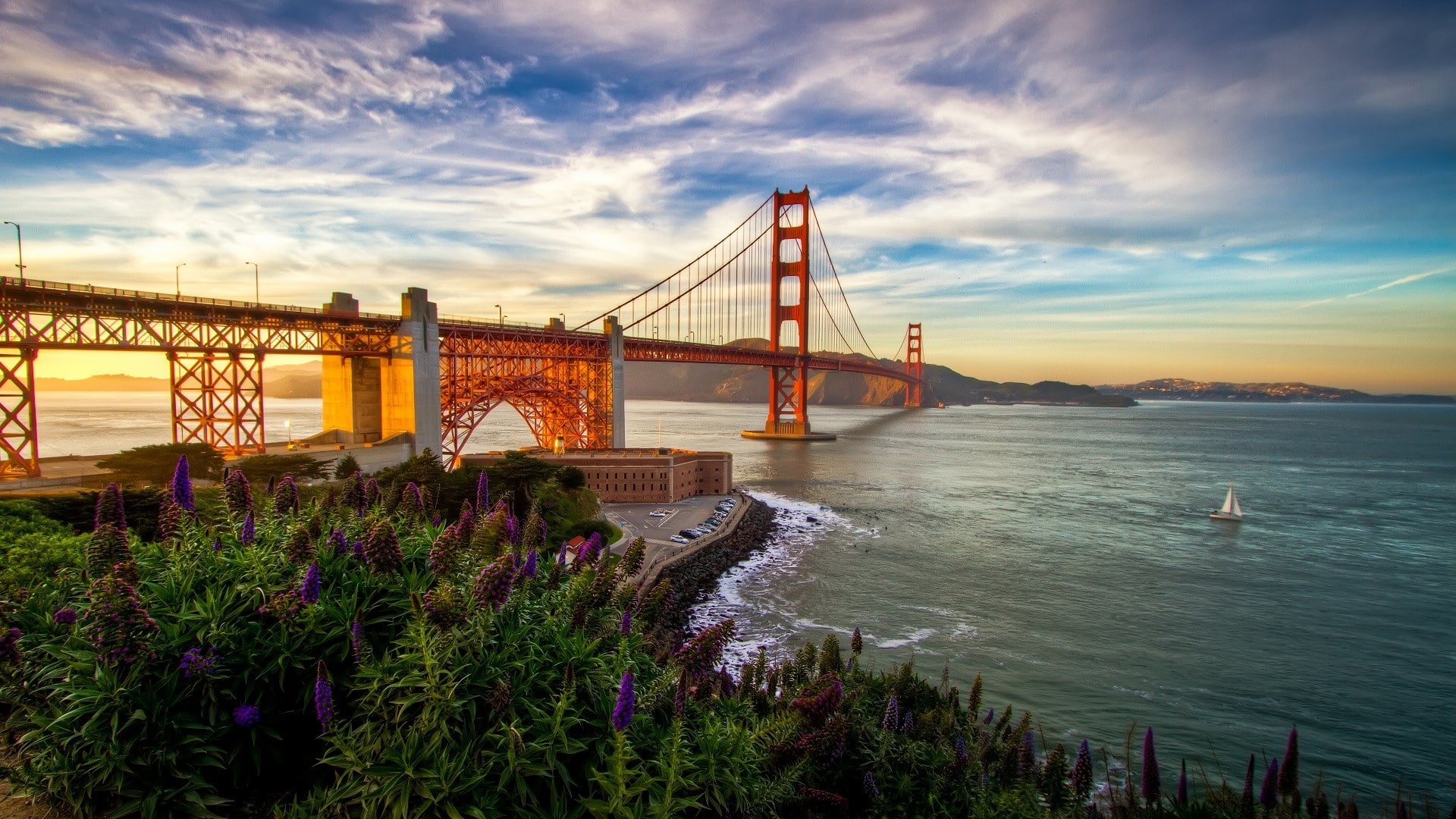 Golden Gate Bridge, sea, architecture, clouds, landscape, San Francisco Bay