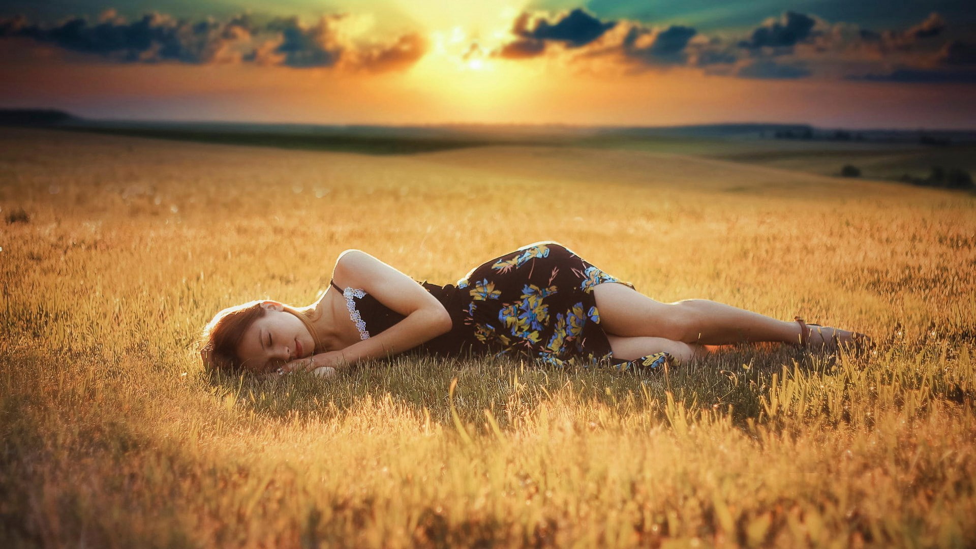 nice girl pic 1920x1080, sunset, sky, grass, land, one person