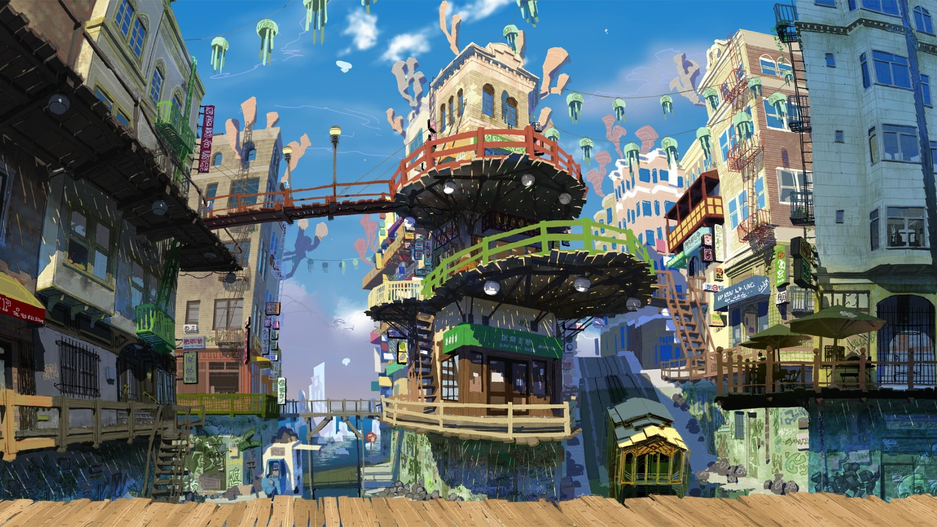 video game screenshot, anime, town, colorful, built structure