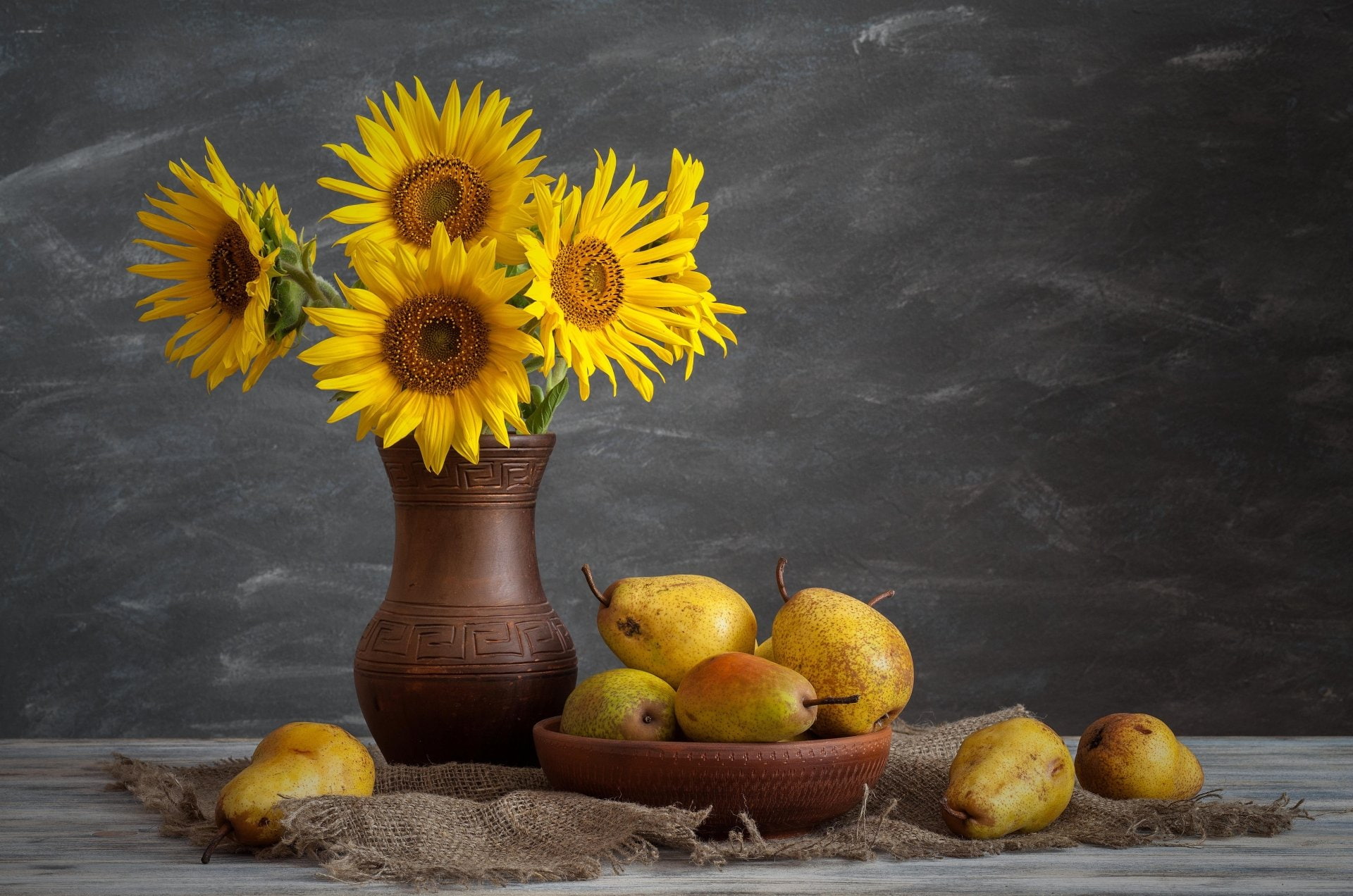 Photography, Still Life, Flower, Fruit, Pear, Sunflower, Vase