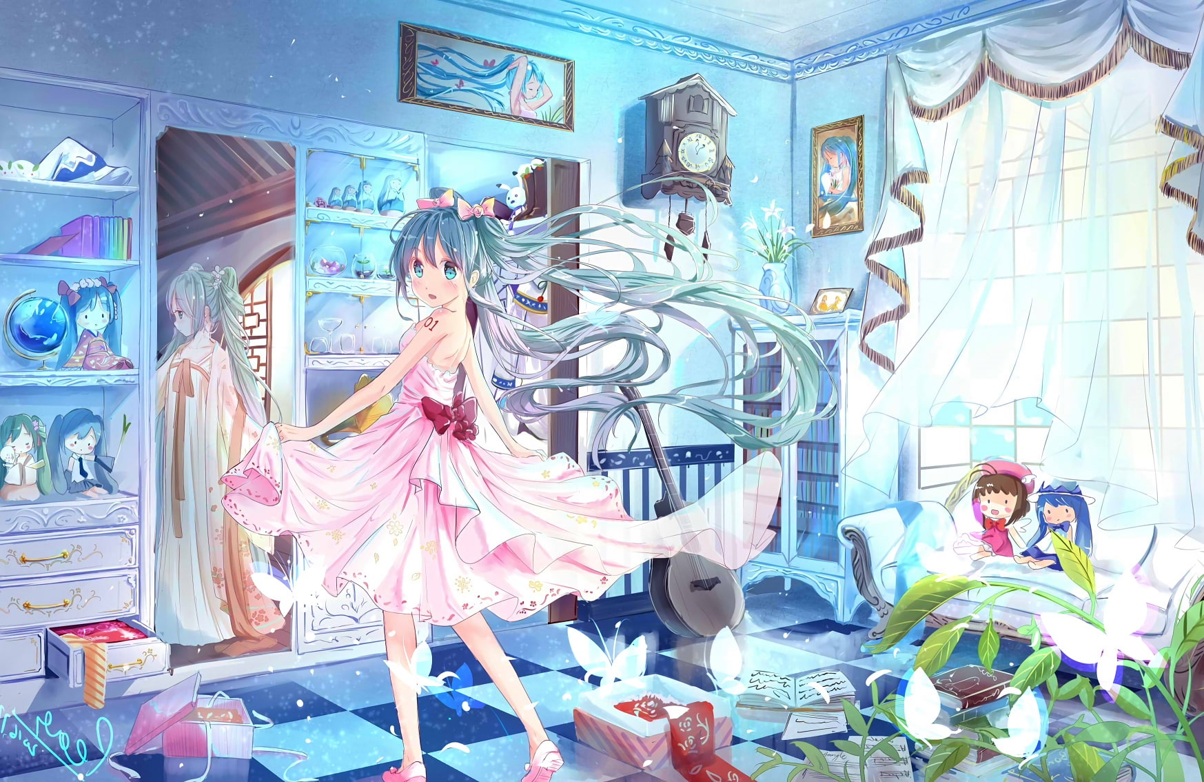 anime room, hatsune miku, mirror, vocaloid, dress