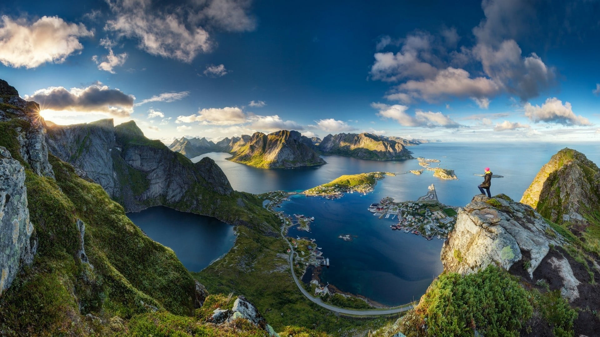 scenery of landscape, person standing on cliff, Lofoten, Norway
