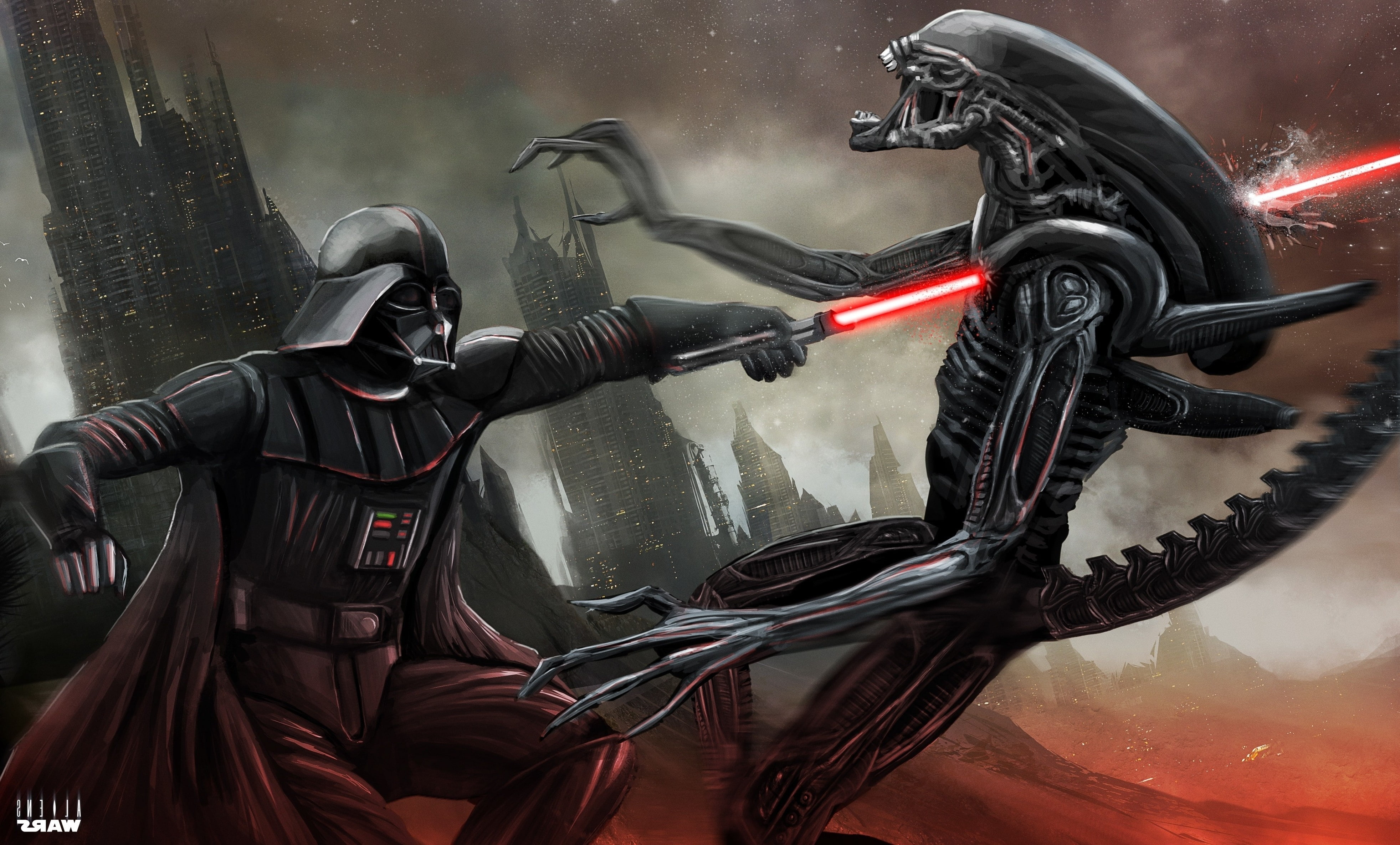 Alien (movie), Aliens, anime, artwork, Crossover, darth vader