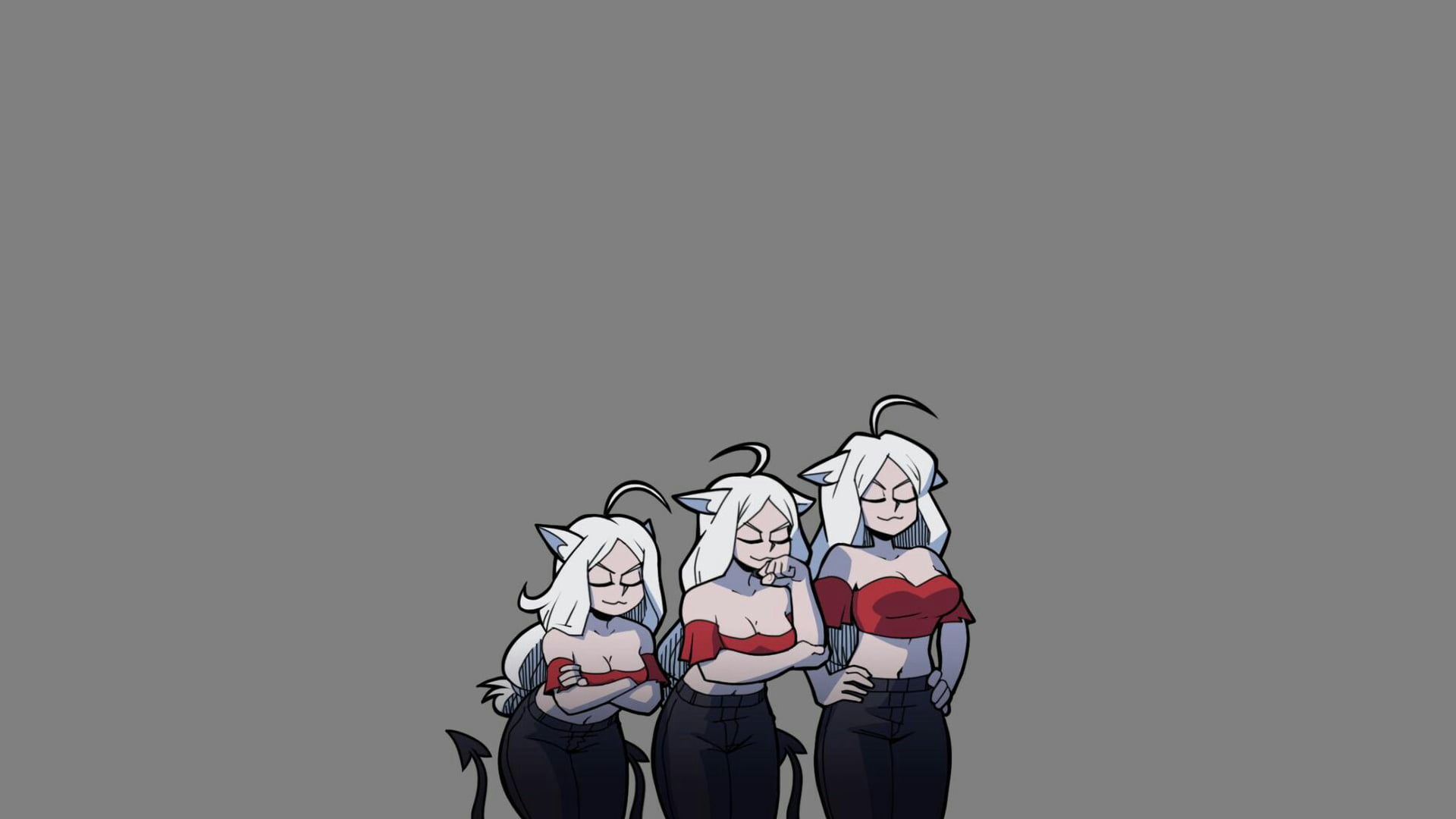 Helltaker, anime girls, Cerberus (Helltaker), white hair, cleavage