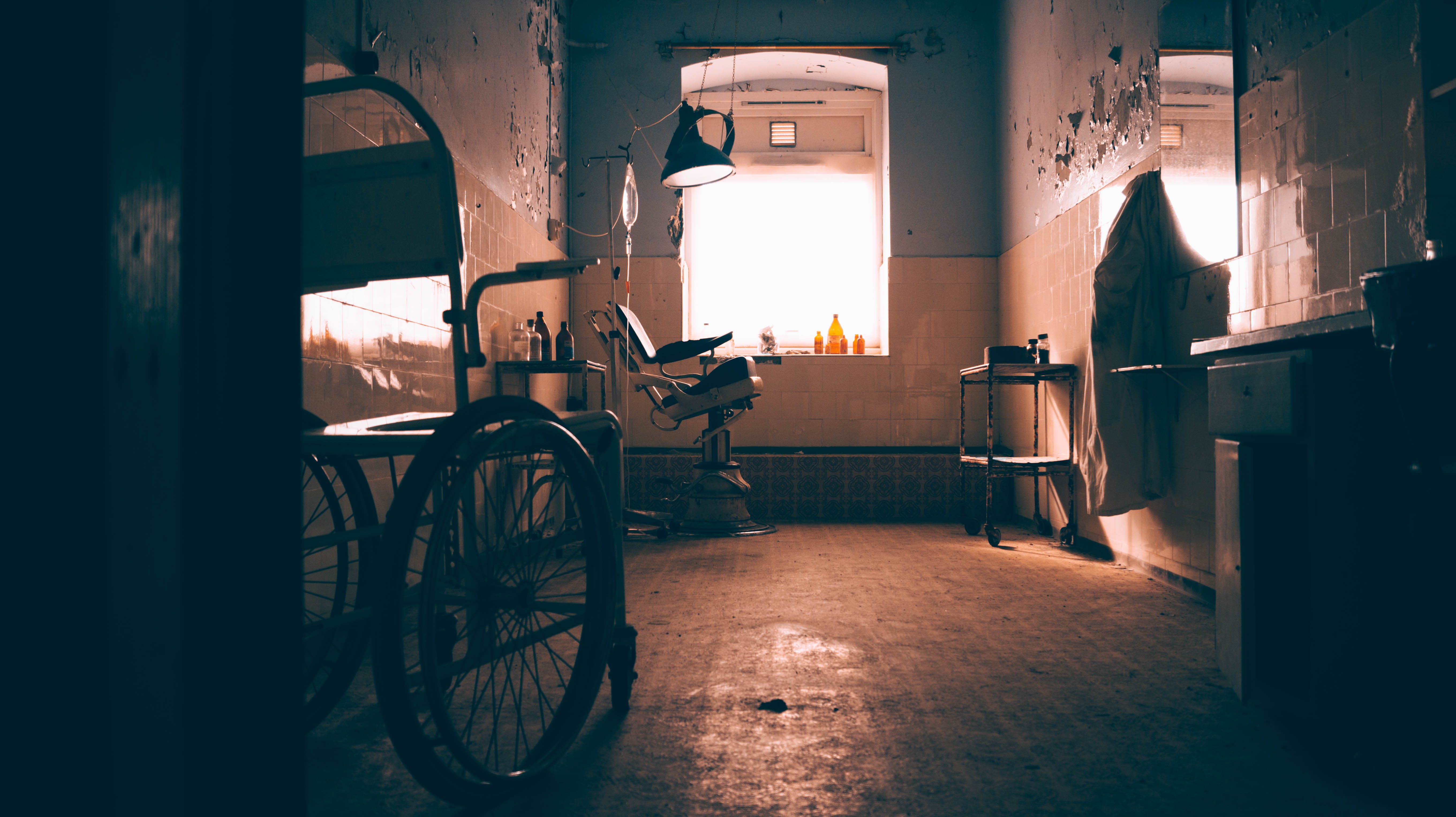 hospital, asylum, abandoned, Wheelchair, window, sunbeams, urbex