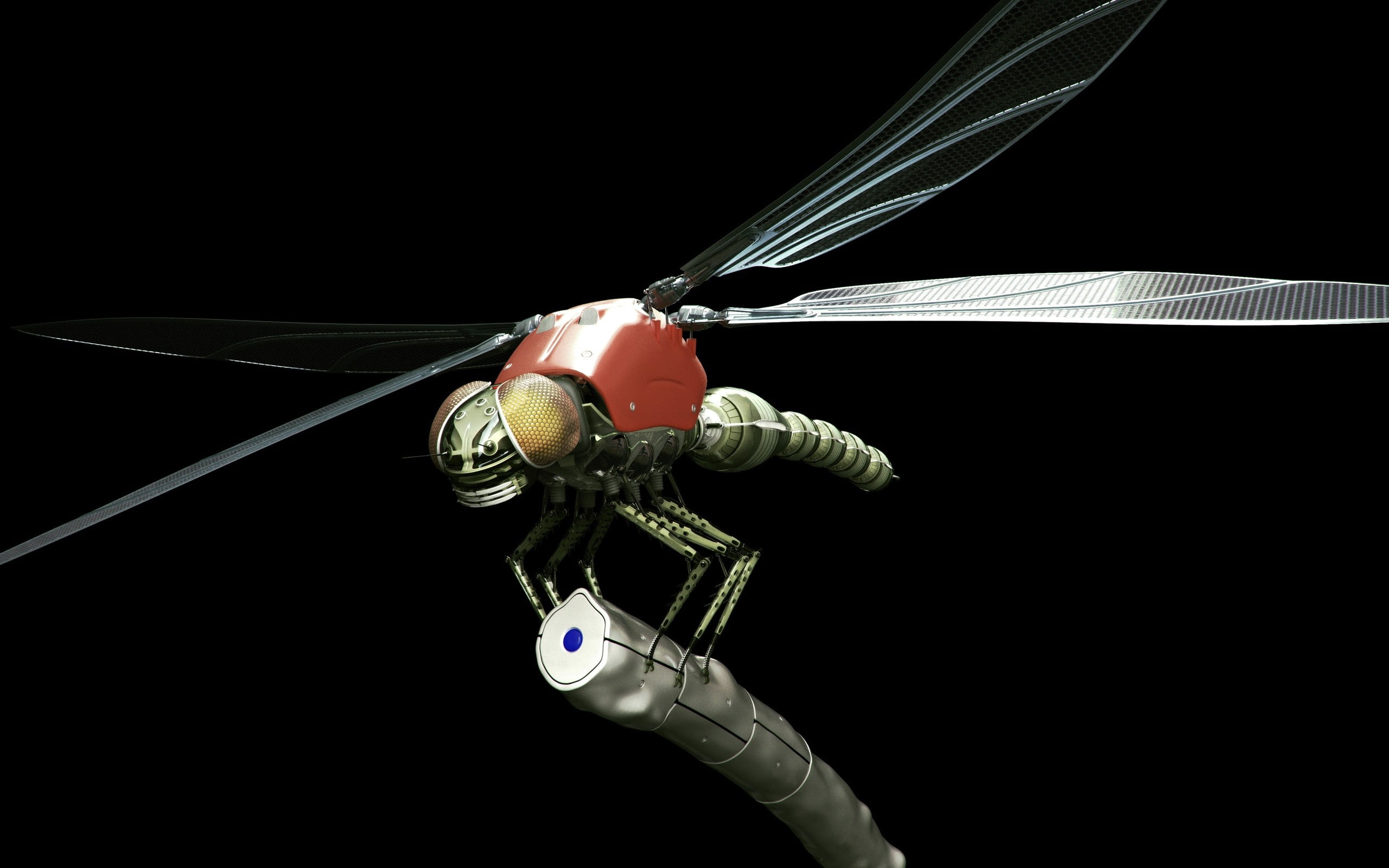 gray and red robotic dragonfly, insect, wings, metal, futuristic