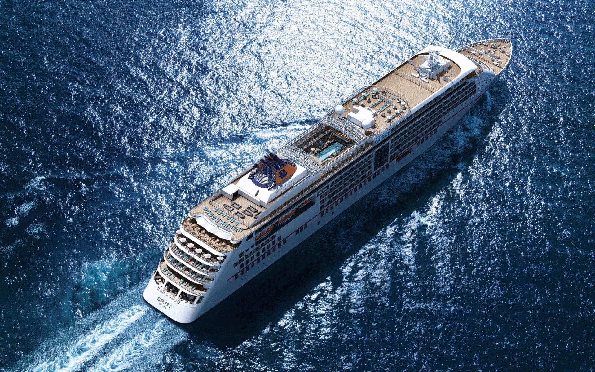 aerial view, blue, sea, cruise ship