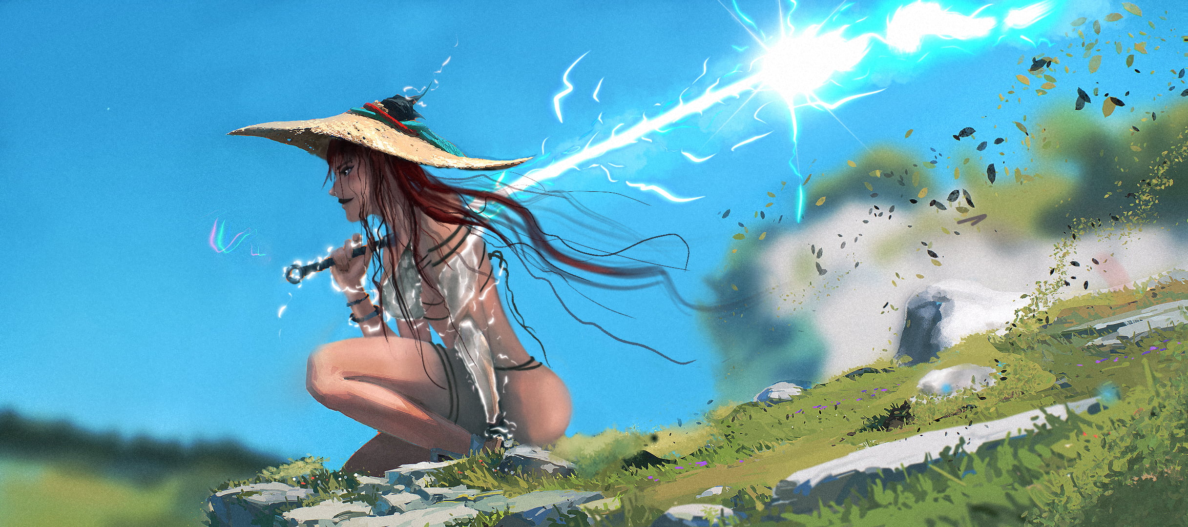 lightning, warrior, anime girls, landscape