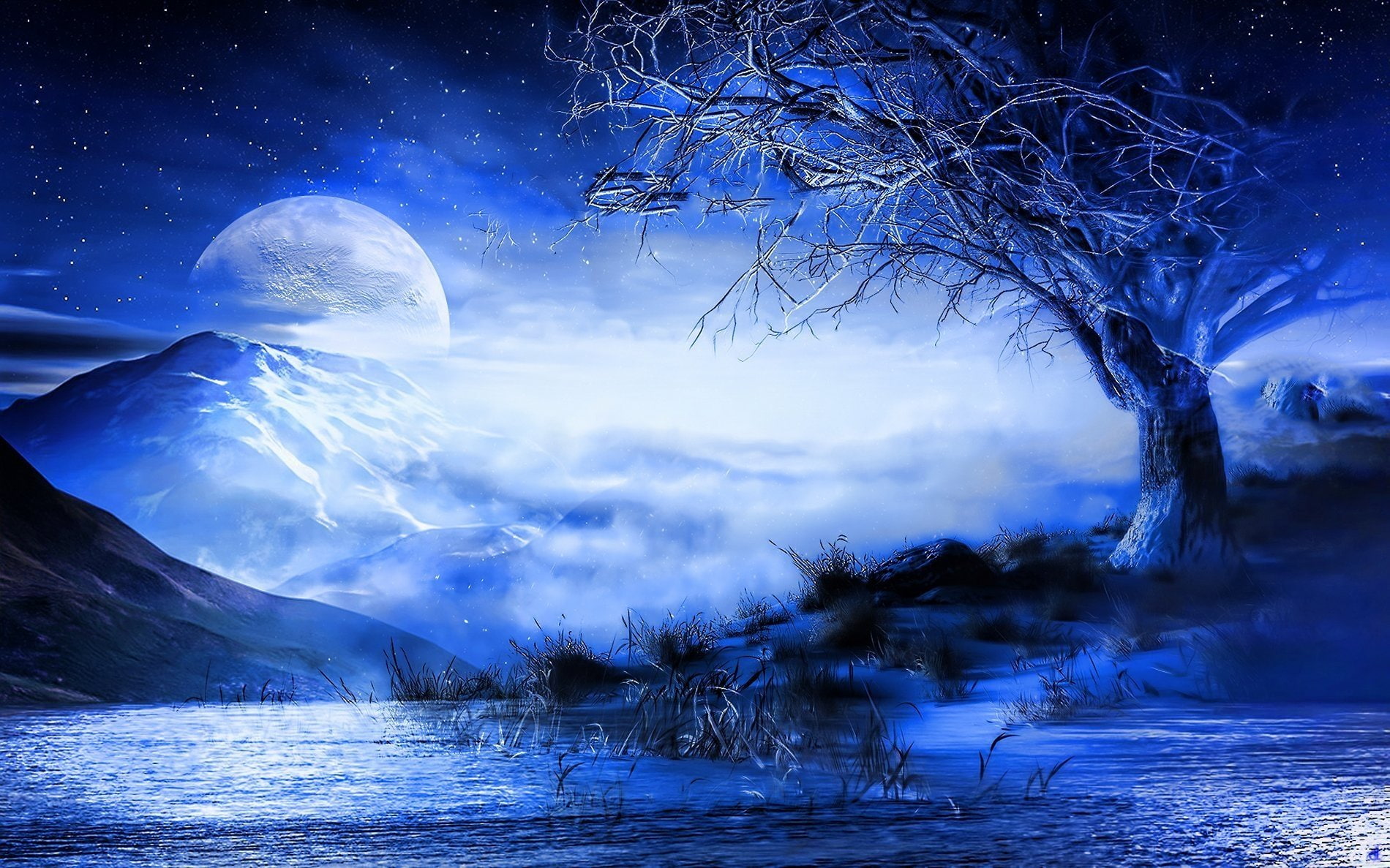 Free download | HD wallpaper: Fantasy, Landscape, Blue, Moon, Mountain ...