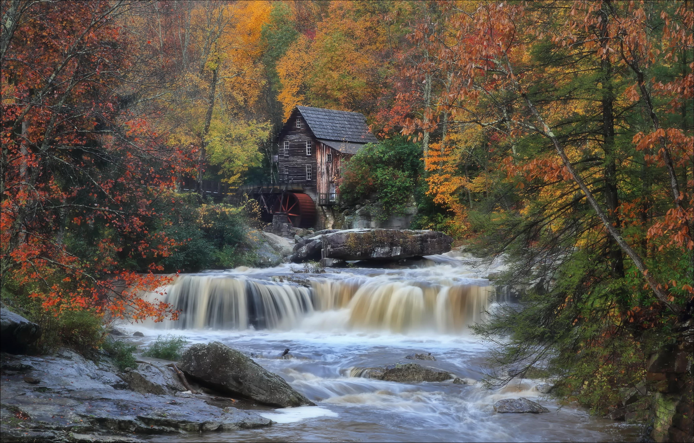 brown shack and body of water digital wallpaper, autumn, river