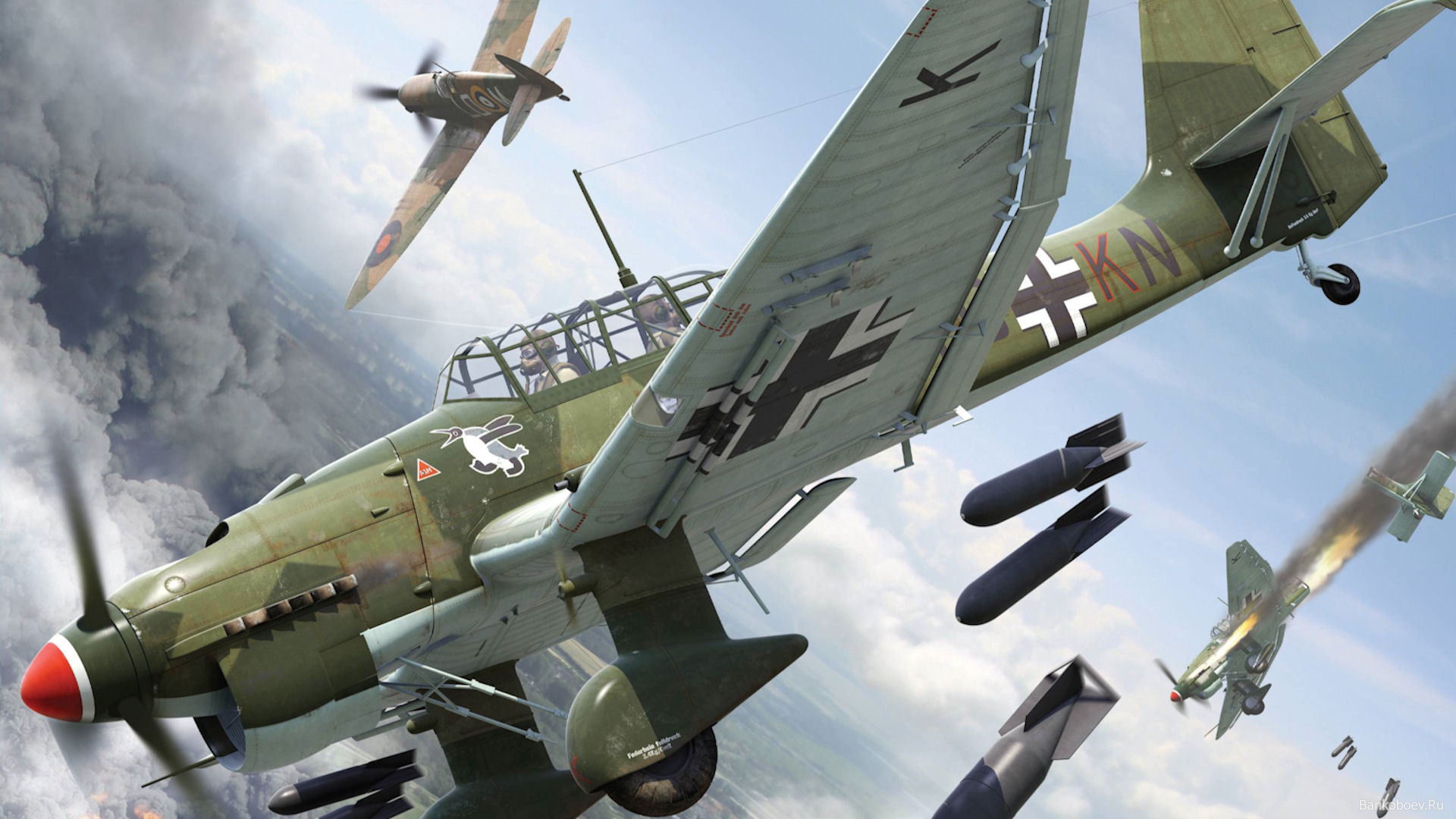 attack, bomber, bombs, dive, dogfight, fire, ju 87, junkers