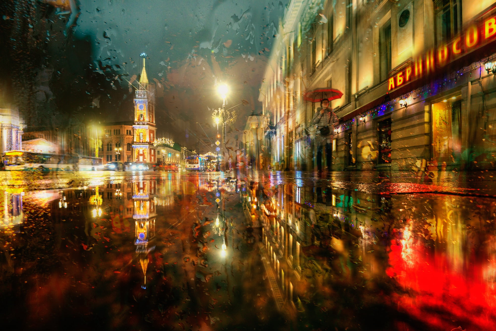 winter, road, the city, rain, street, building, the evening