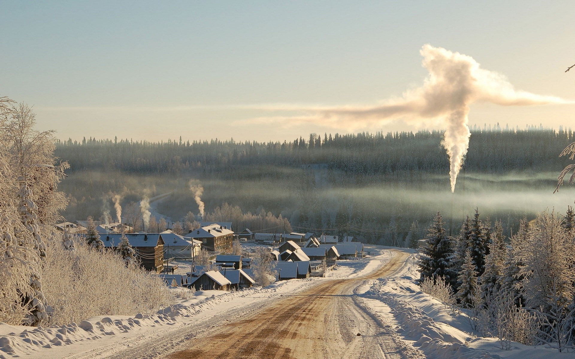 landscape, russia, Siberia, winter, tree, sky, smoke - physical structure