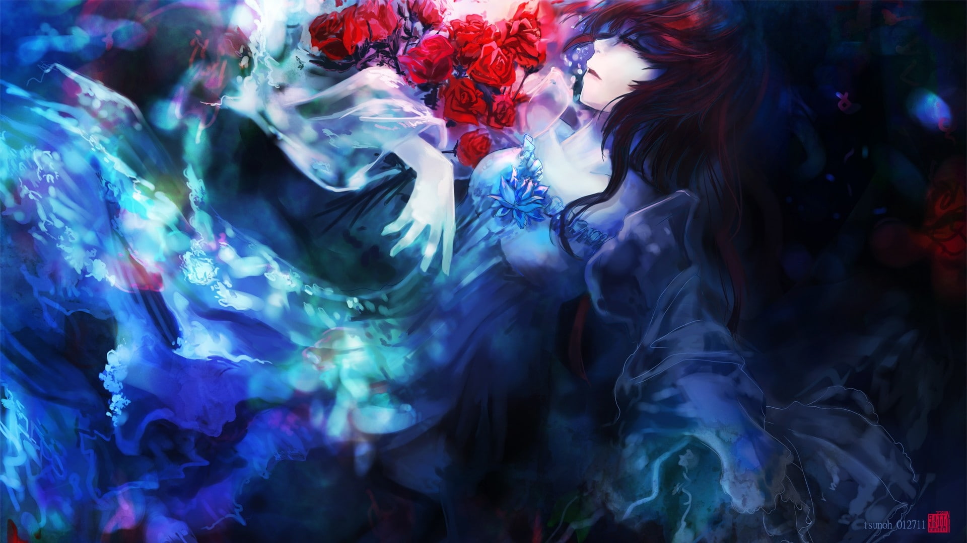 dress colorful flowers gothic sleeping artwork drawings anime roses anime girls 1920x1080 wallpap Nature Flowers HD Art