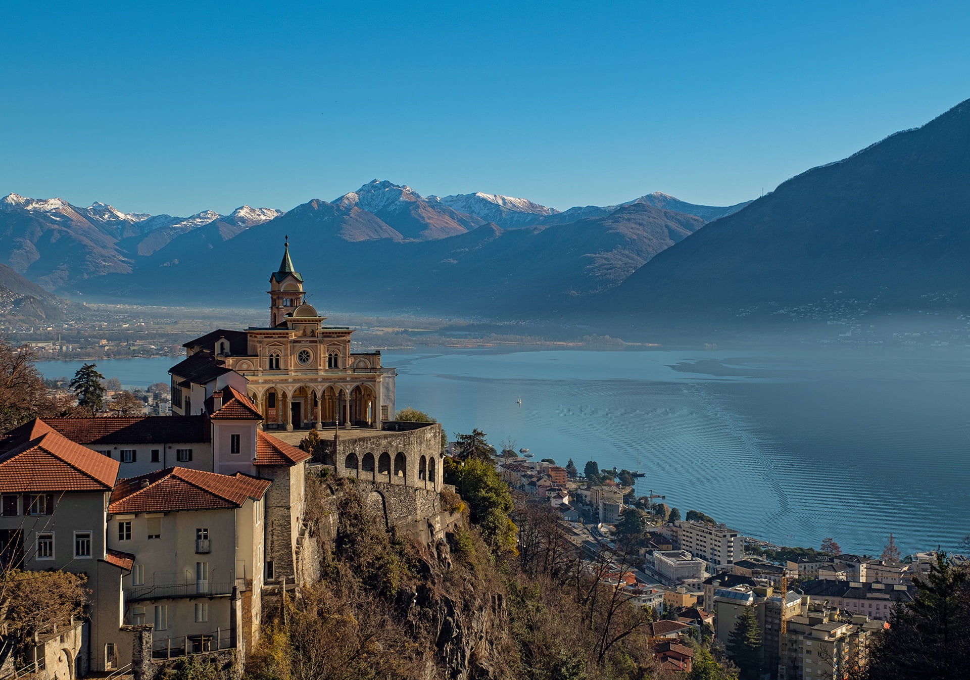 mountains, lake, home, Switzerland, Alps, Church, the monastery