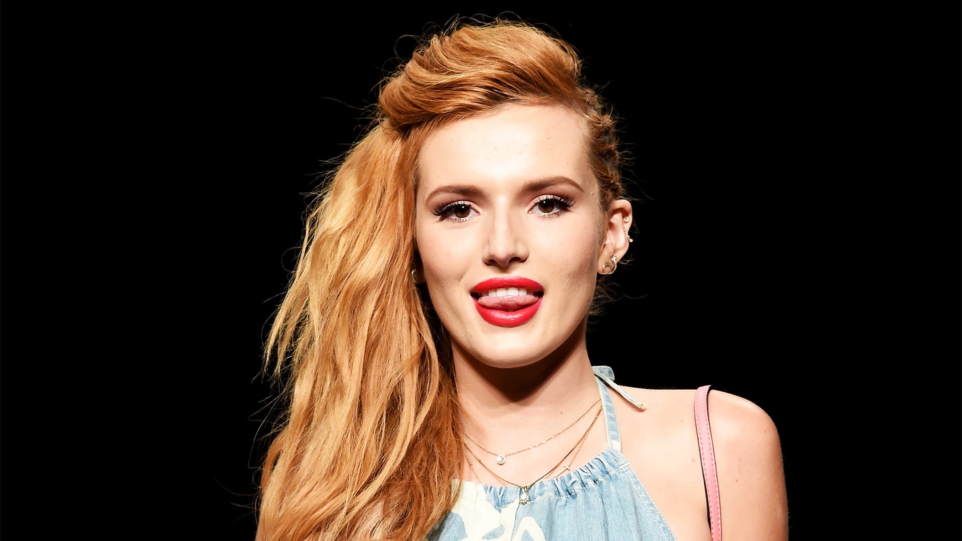 Bella Thorne, tongues, red lipstick, women, necklace, face