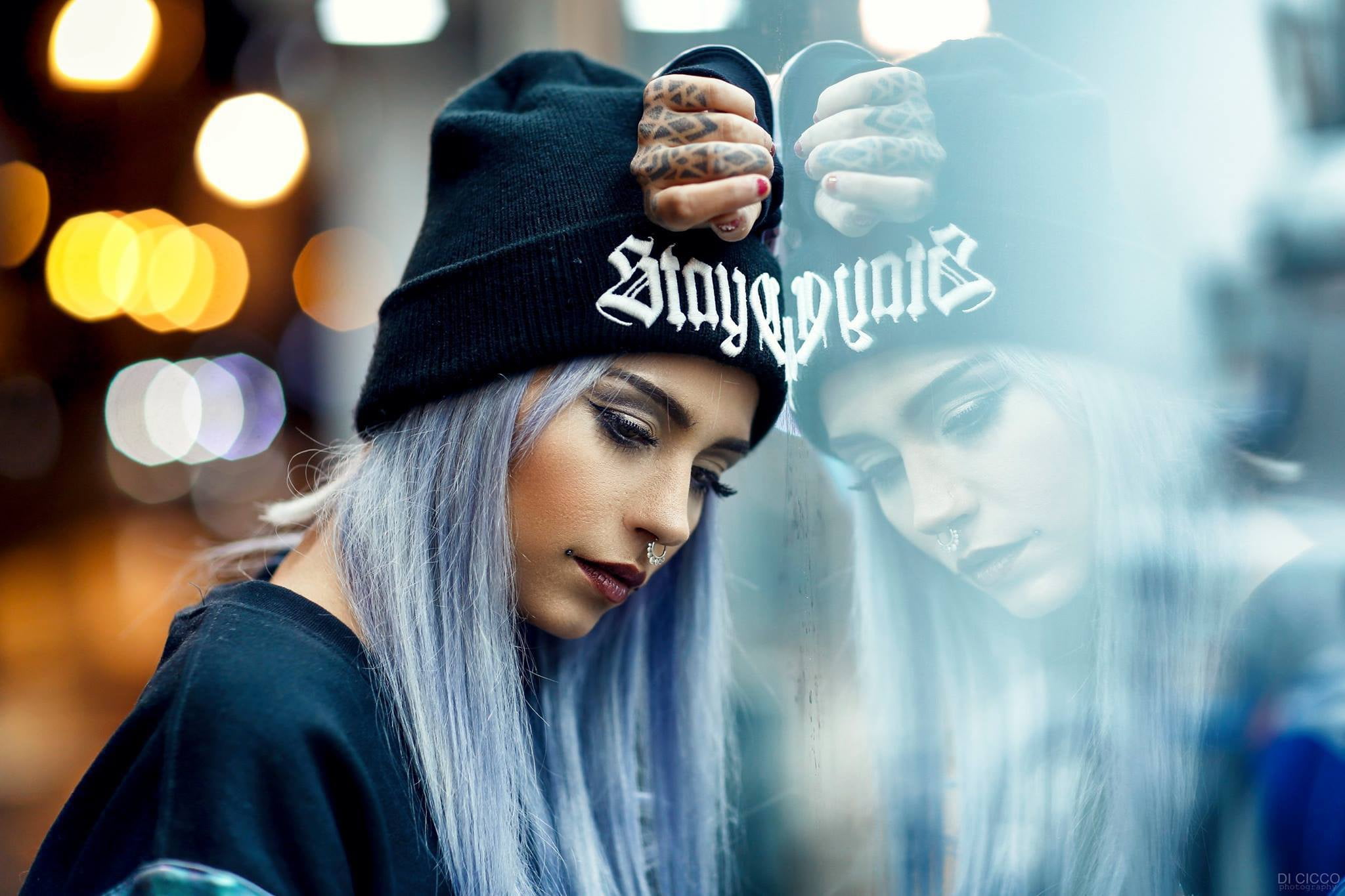glass, girl, face, style, reflection, mood, hand, makeup, tattoo