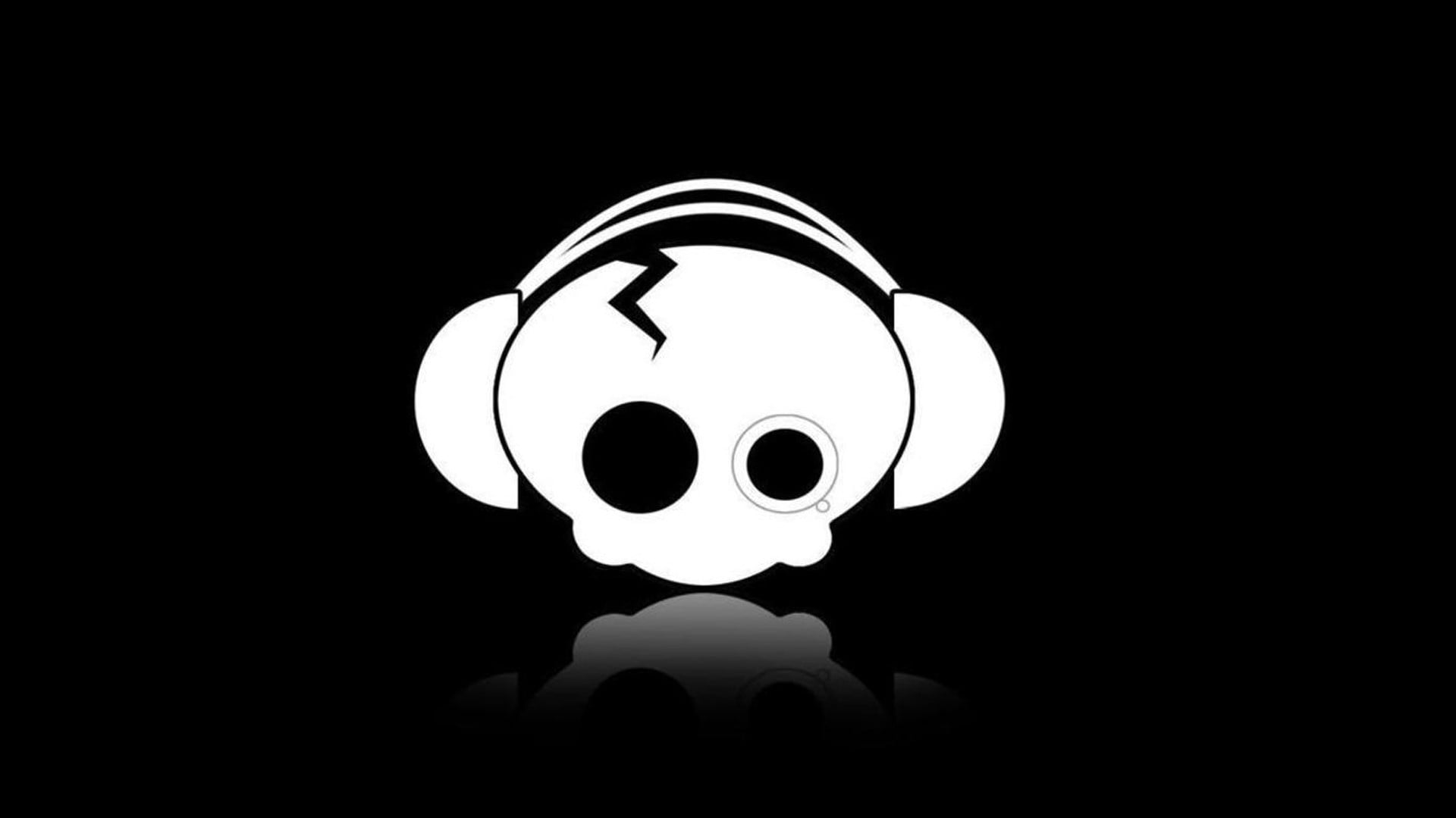 white skull with headphones wallpaper, horror, black, minimalism