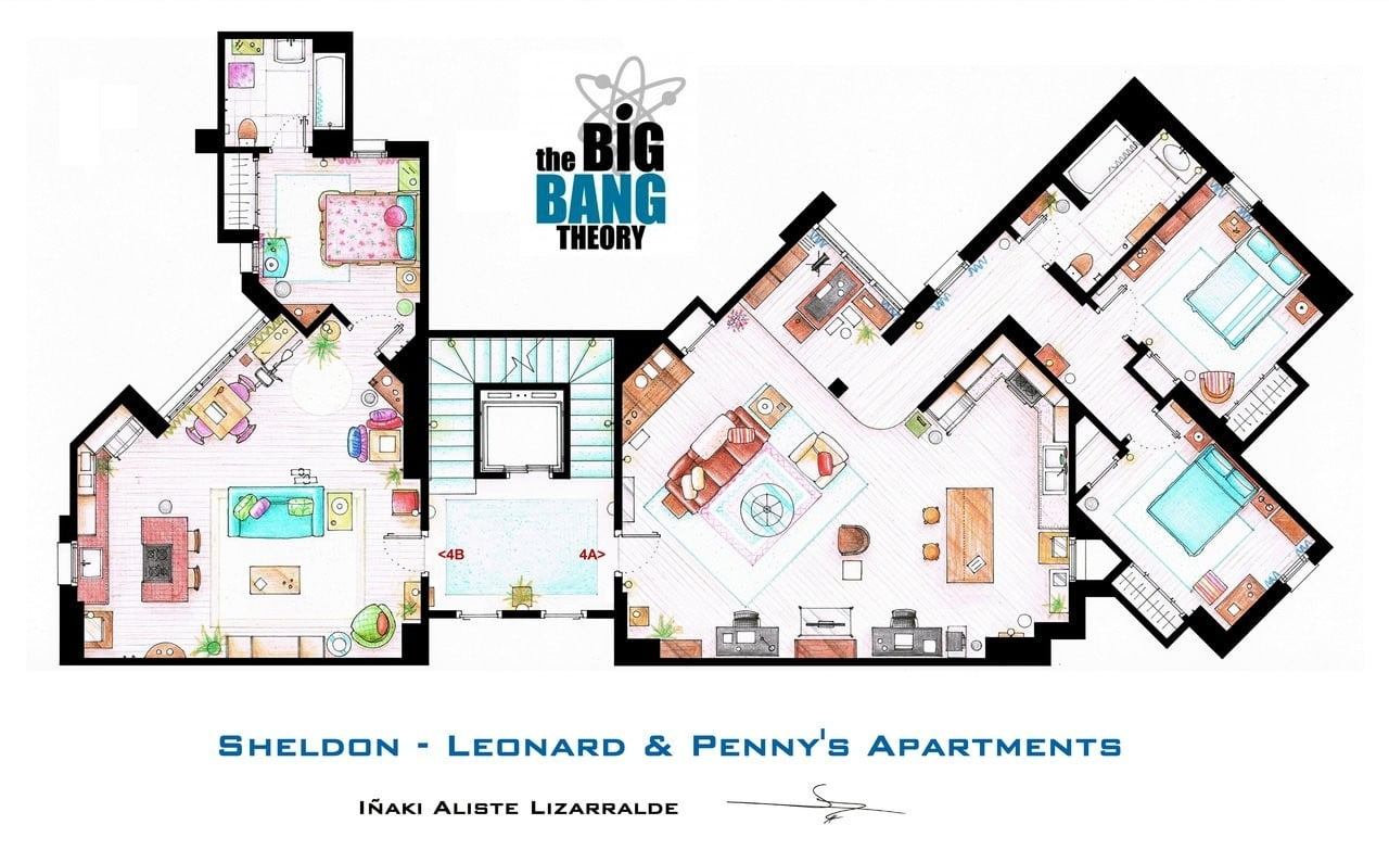 The Big Bang Theory Sheldon, Leonard, and Penny's apartments floor plan illustration