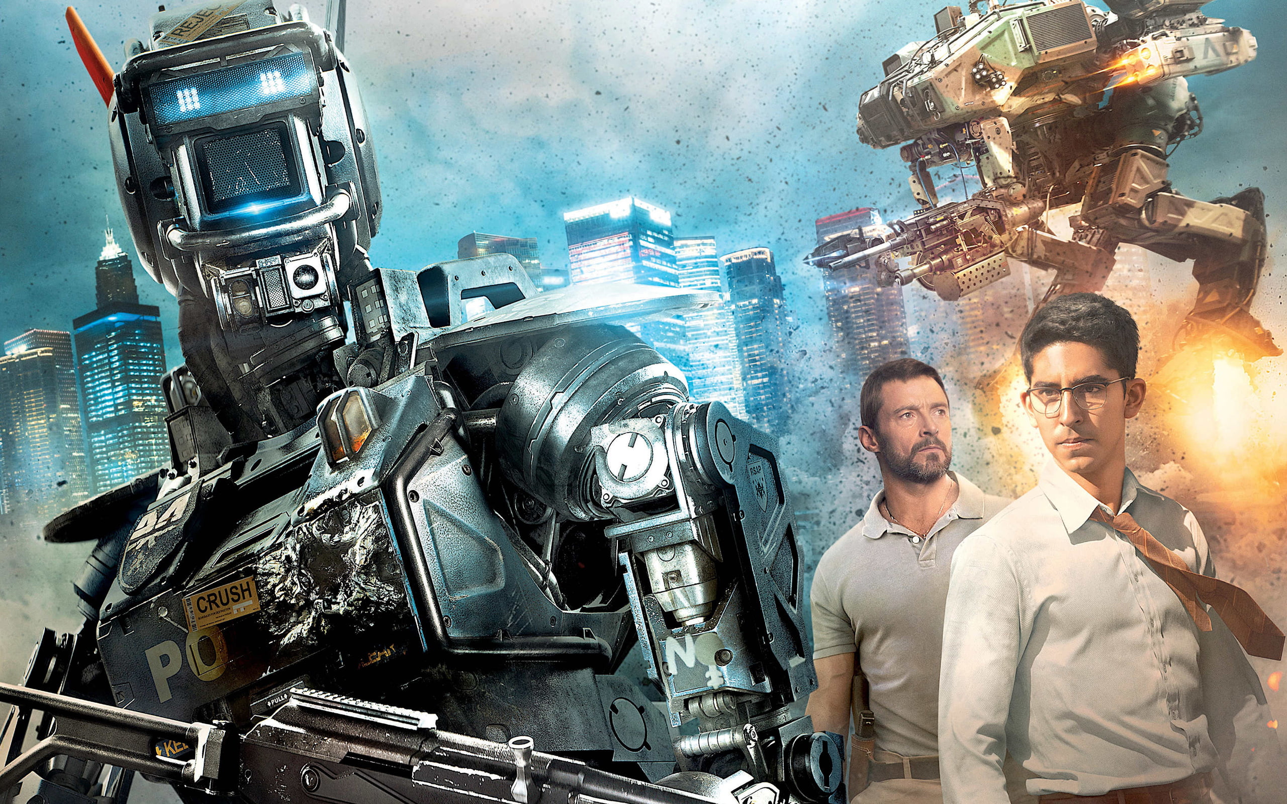 movie poster, weapons, robots, shooting, Hugh Jackman, Chappie