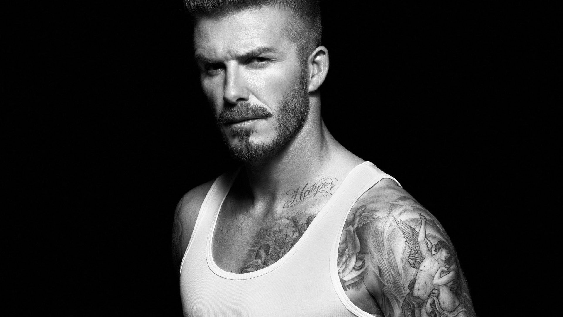 David Beckham, tattoo, black background, portrait, muscular build