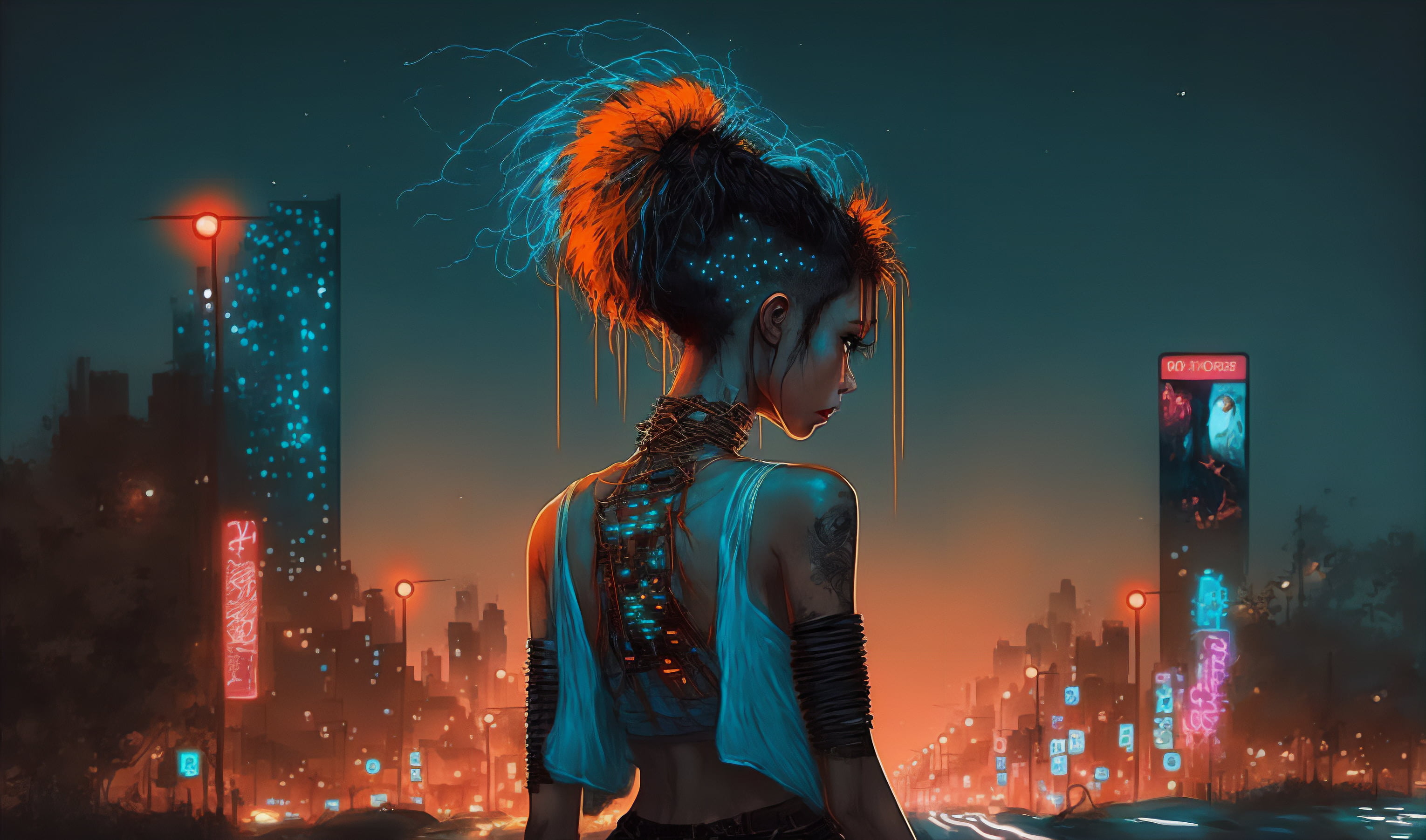 HD Wallpaper: AI Art, Cyberpunk, Women, City, Neon, Backpacks, Hoods