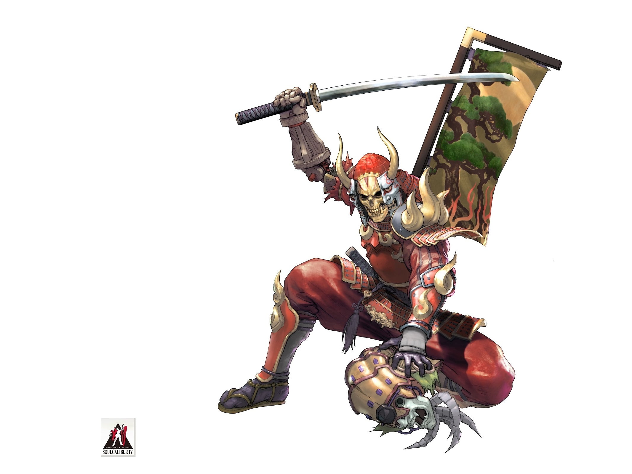 skull, katana, armor, mask, samurai, white background, horns
