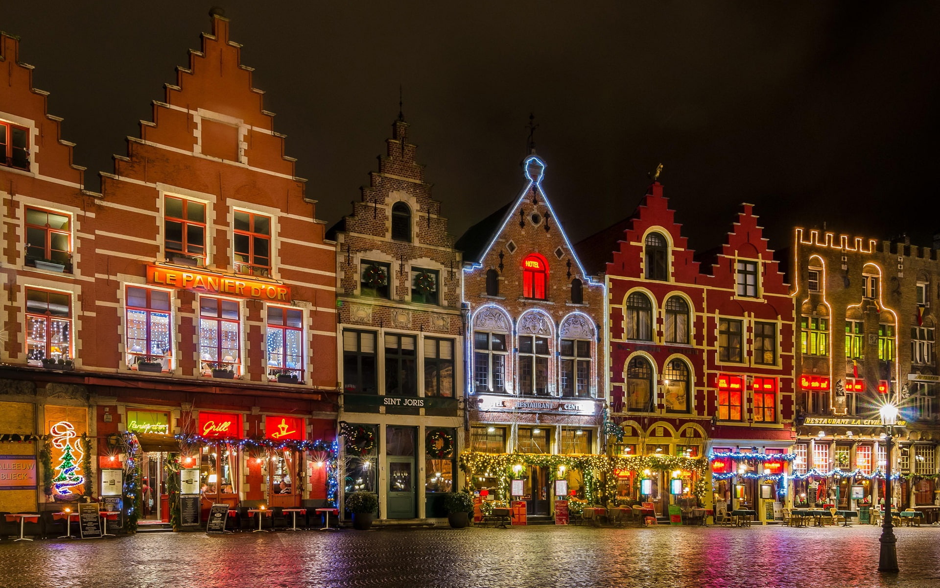 Belgium, Bruges, Grote Markt square, night, lights, house, Christmas, concrete city houses