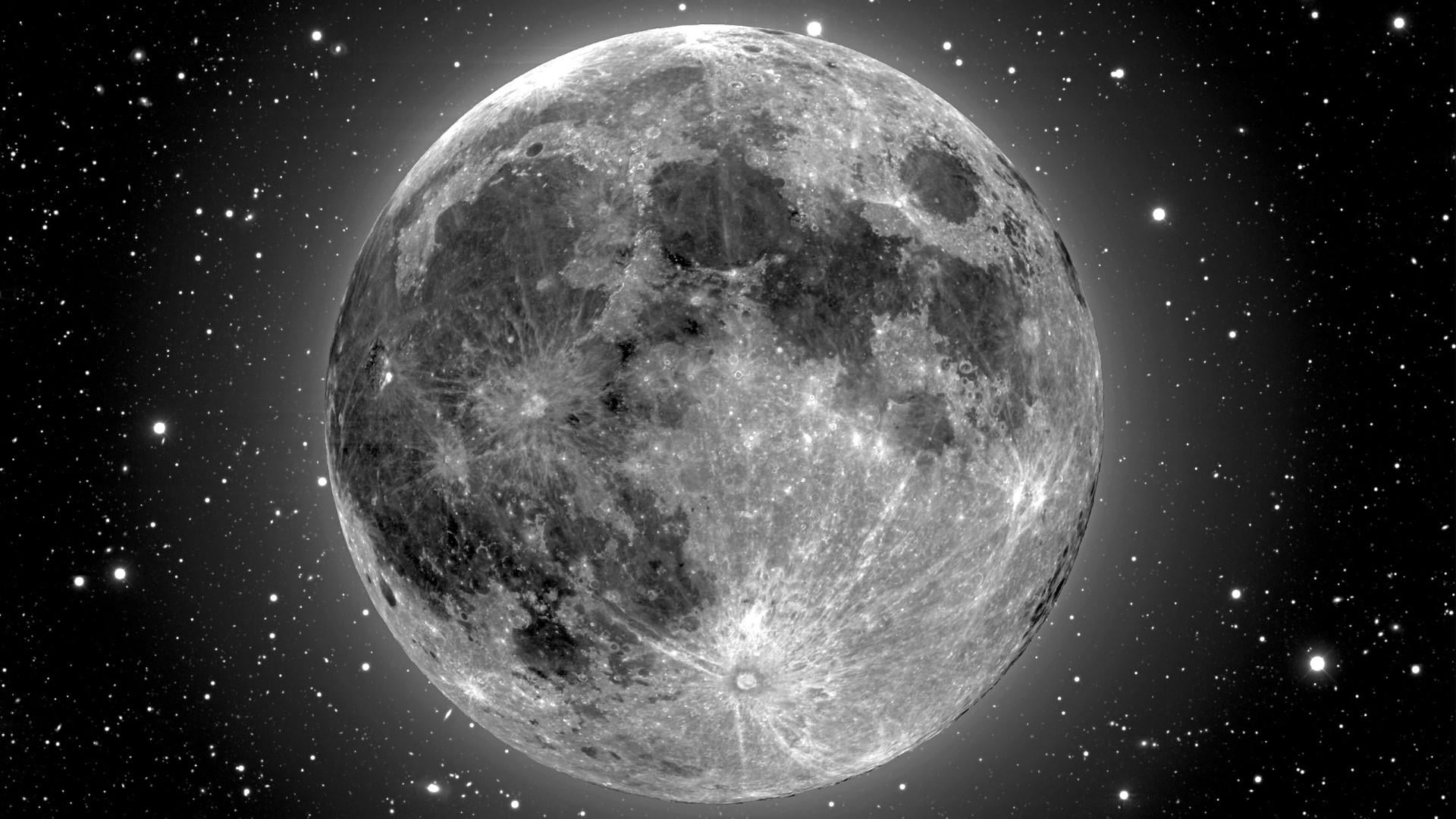 full moon, stars, night sky, black and white, space, astronomy