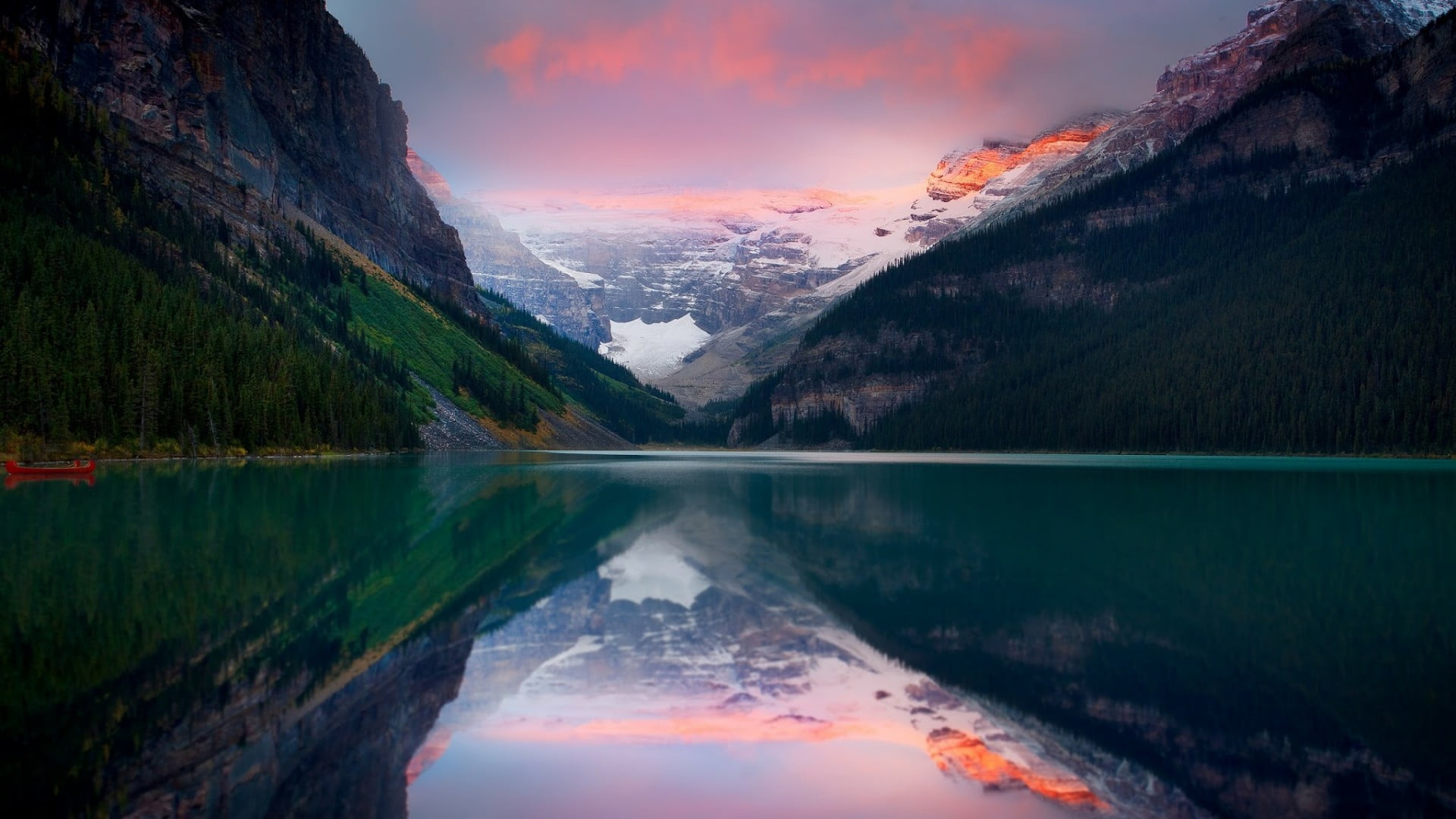 dawn, pink sky, banff national park, alberta, victoria glacier