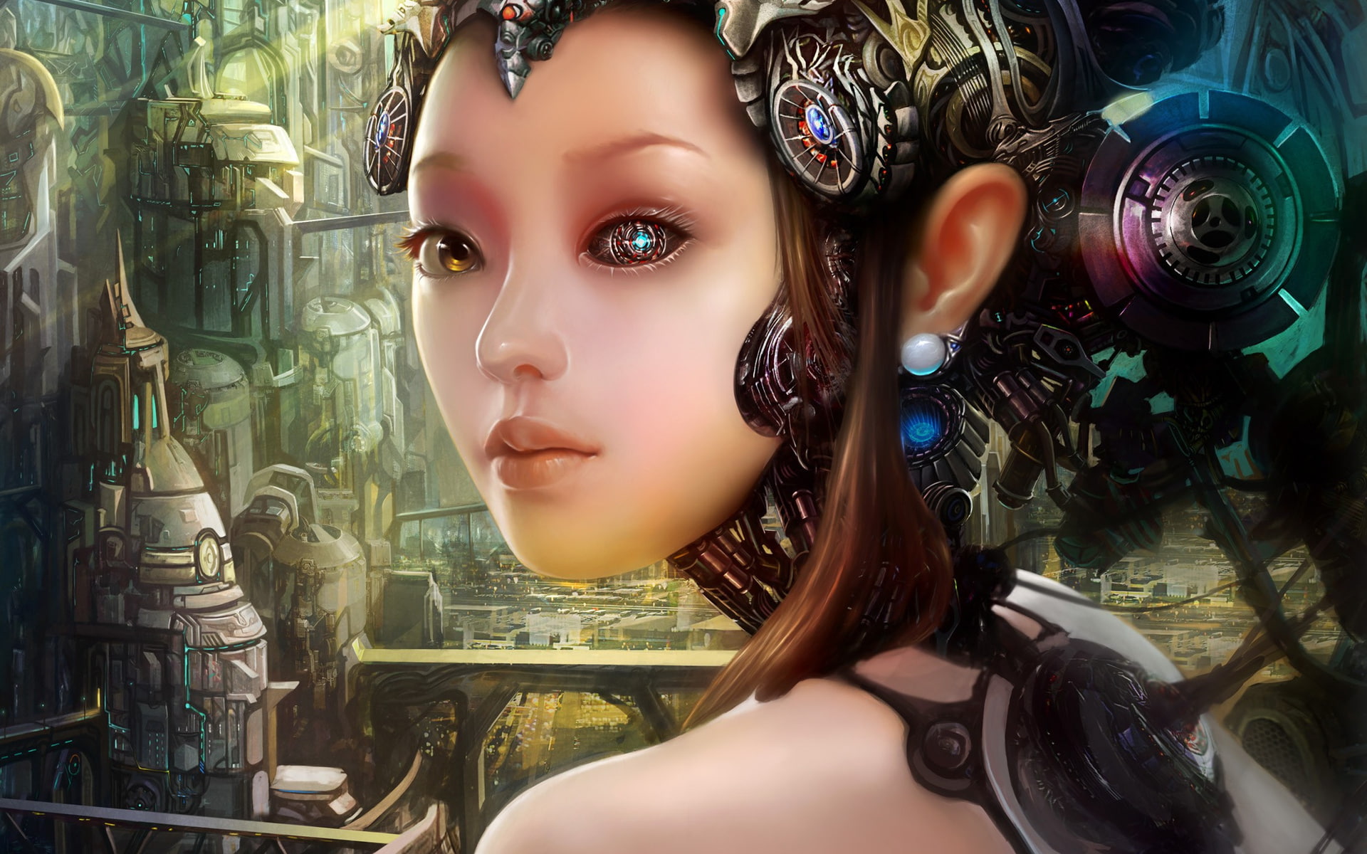 cyborgs, digital art, fantasy, girls, machinery, robots, sci fi
