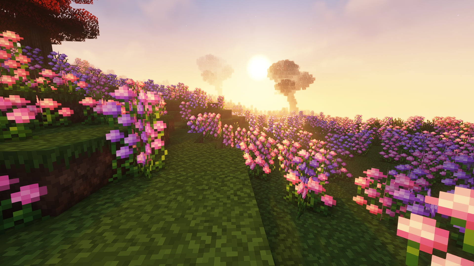 Minecraft, sunset, landscape, shaders, CGI