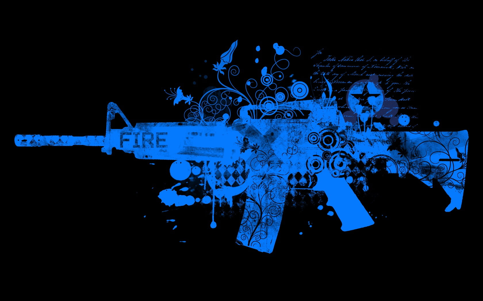 blue rifle illustration, gun, pattern, indoors, no people, night