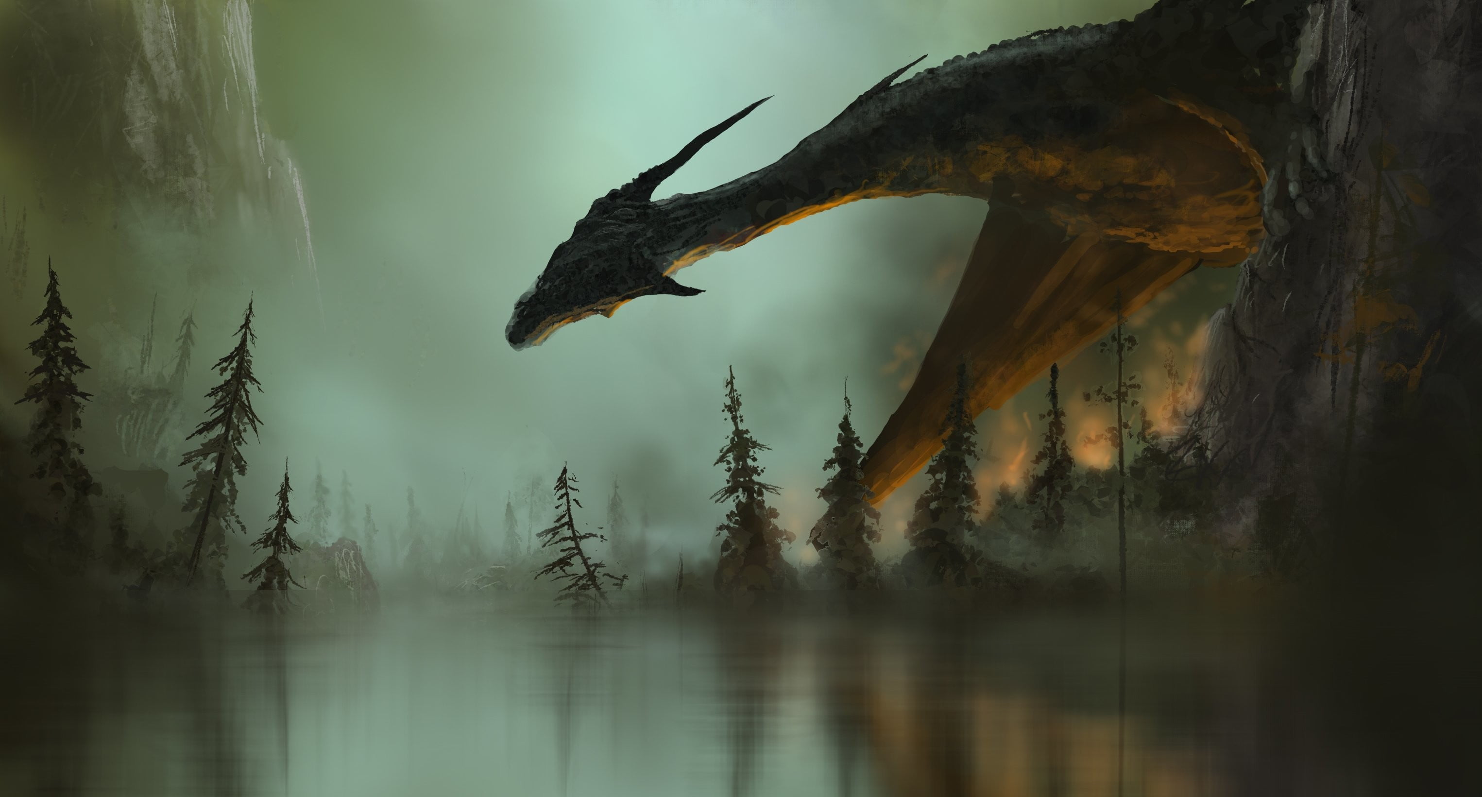 dragon in forest illustration, artwork, digital art, water, tree